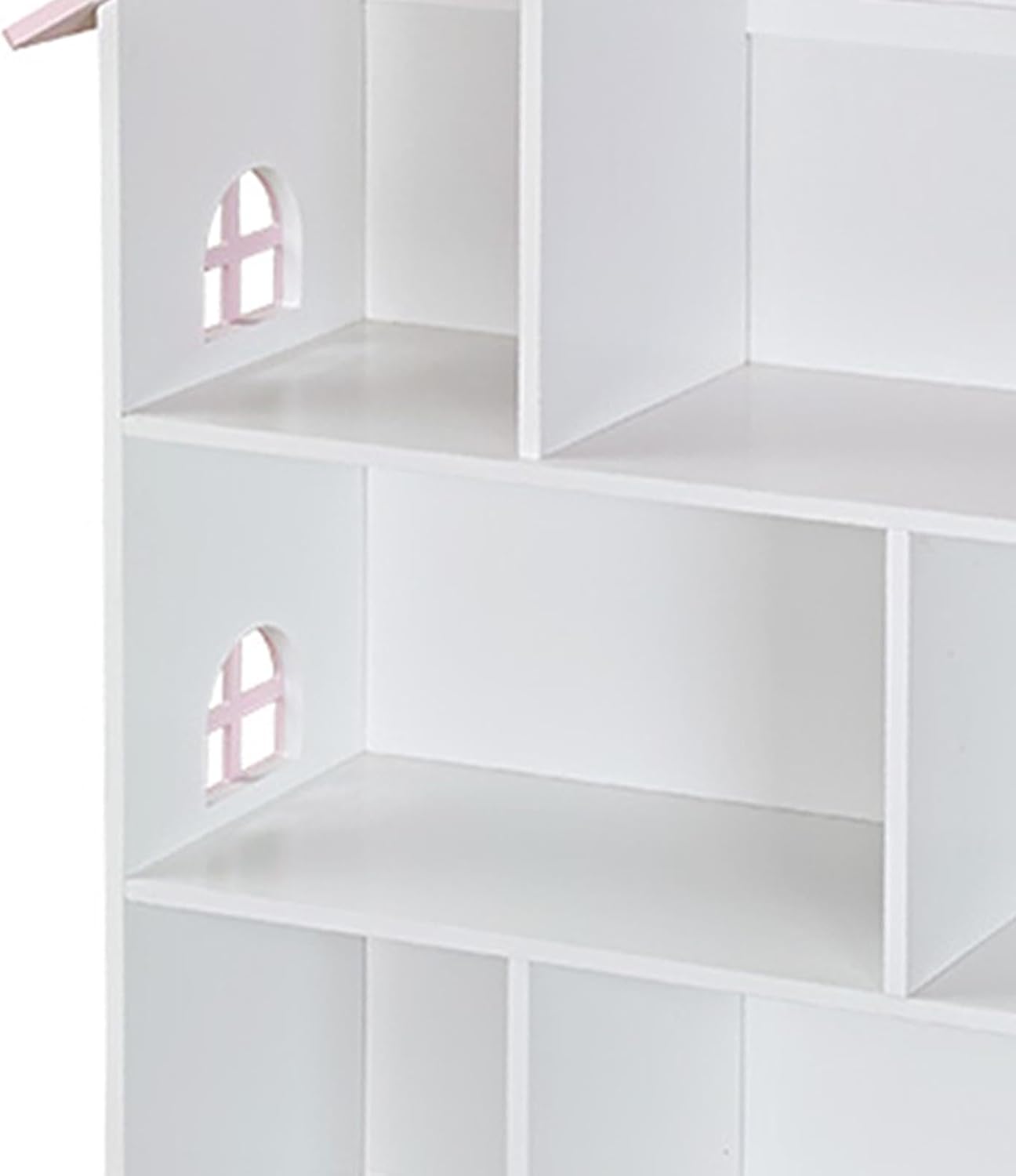 Wooden Dollhouse Bookshelf, 3 Tier Pink and White Kids Bookcase Toy Storage Organizer, Doll House Bookcase for Childrens Bedroom Playroom Nursery Classroom for Boys Girls Ages 3-8 Years Old
