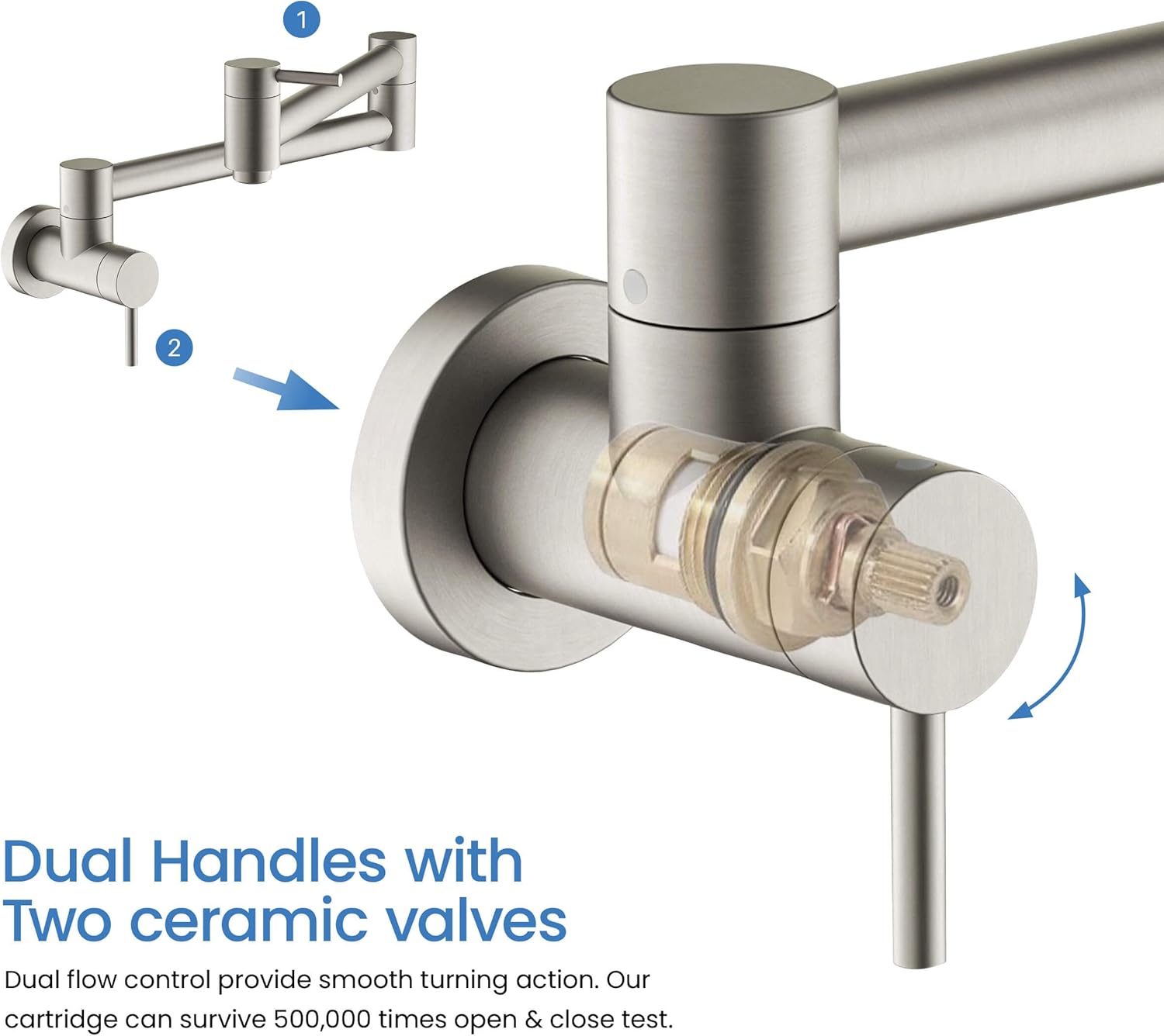 KIBI Brushed Nickel Finish Circular Pot Filler Faucet | Wall Mount Kitchen Faucet | Solid Brass, 360 Degree Swivel, Single Handle, Hot and Cold Water | Kitchen and Bar Use | (KPF601)