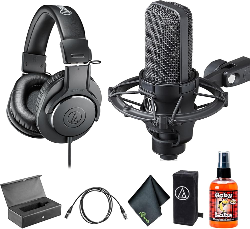 Audio-Technica AT4040 Cardioid Condenser Microphone ATH-M20x Professional Studio Monitor Headphones, Black (AUD ATHM20X) + PodMaster Boom Broadcast/Podcast Boom Arm Mic Stand + More