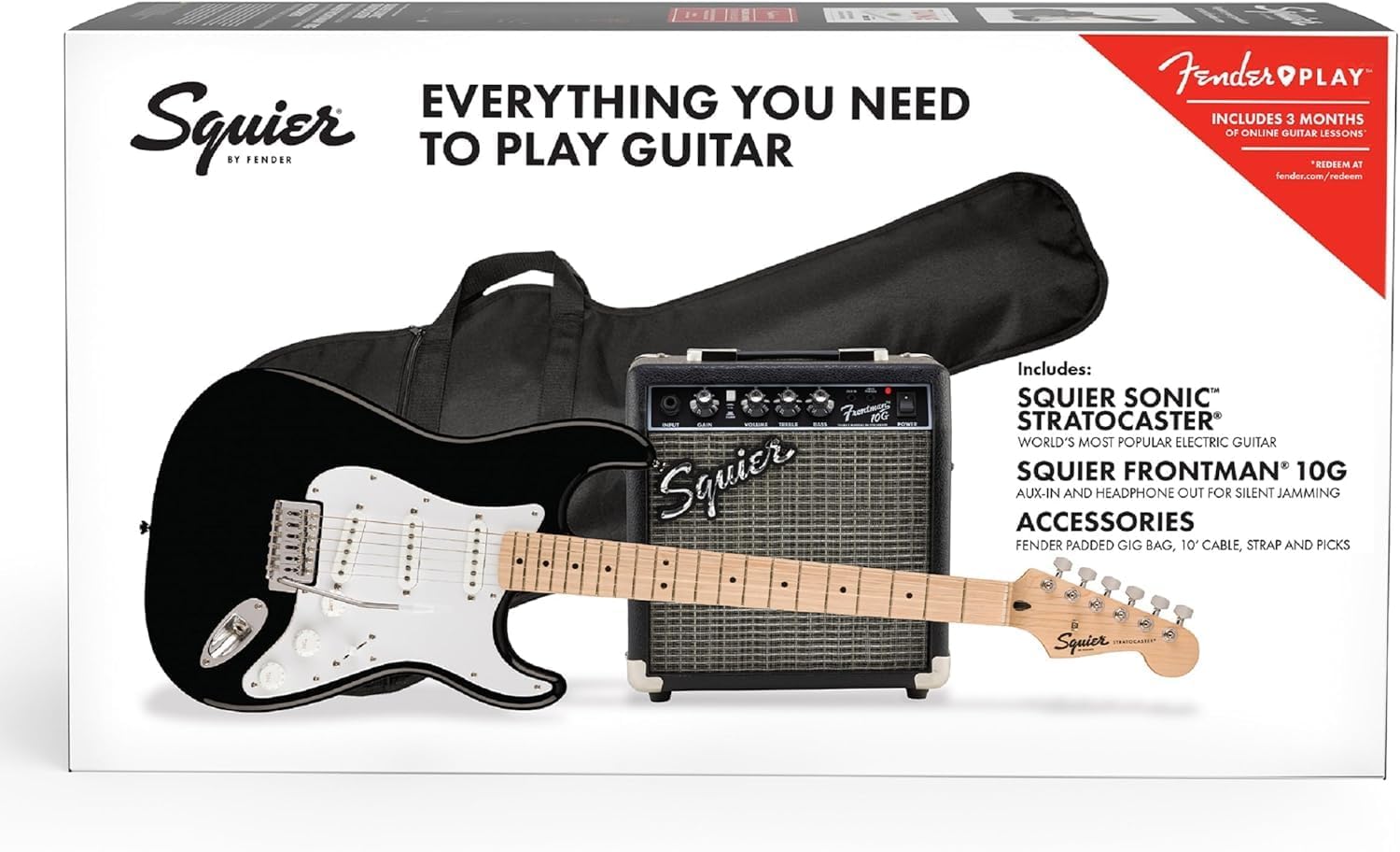 Squier Sonic Stratocaster Electric Guitar Pack, Black, Maple Fingerboard, with Gig Bag, 10G Amp, and Accessories