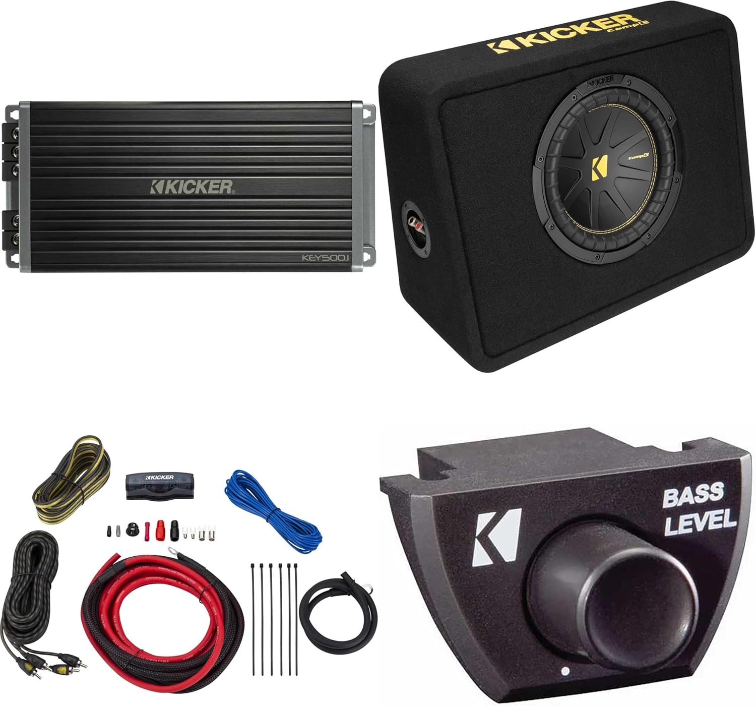 Kicker 10 Inch Comp Truck Bass Package 50TCWC102 with 47KEY500.1, Bass Knob and 47VK6 amp Wire kit