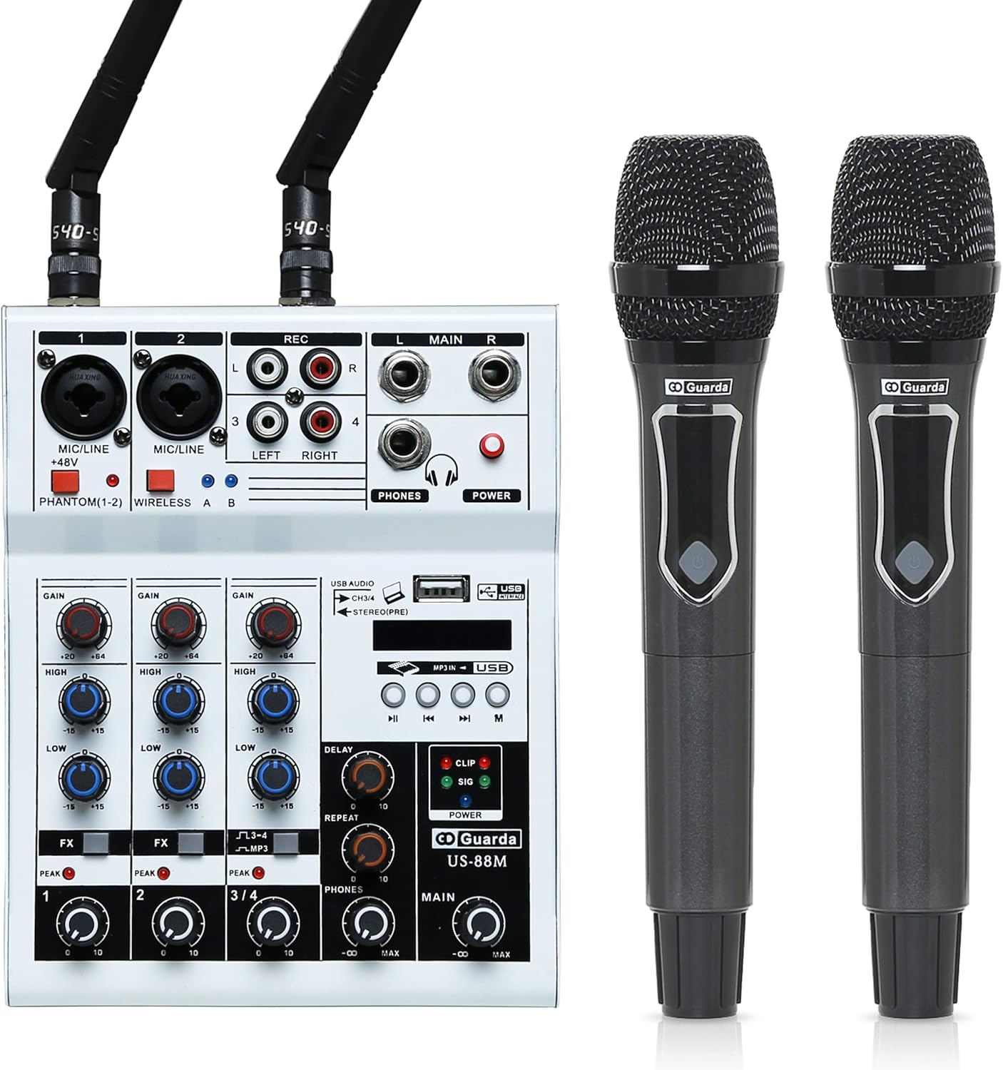 Professional Audio Mixer with Dual Wireless Microphone system set, 4-Channel Mixer, for karaoke, Singing, Amplifier, DJ Mixer, podcast interface, live, MP3, USB sound mixing console (GD Guarda US-88M)