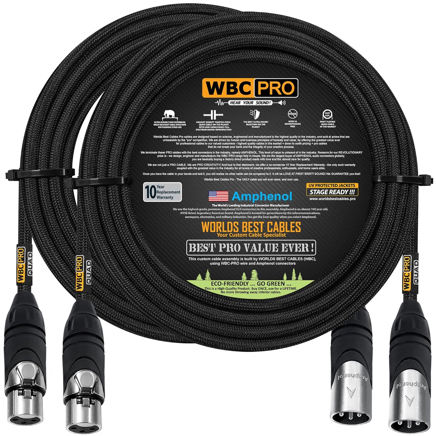 2 Units - 75 Foot - WBC-PRO-Quad Ultra-Silent Ultra-Flexible Balanced Star-Quad Cable with Amphenol Male & Female XLR Plugs & Black Tweed Jacket