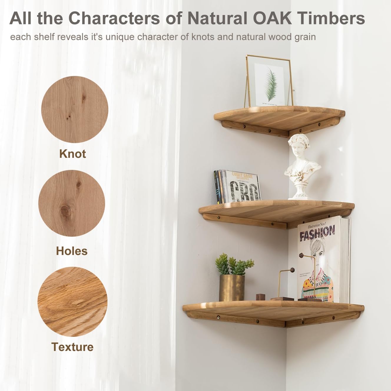4pcs Oak Corner Shelves Wall Mount Set Round End Floating Speaker Shelf Display Shelf for Small Plant Photo Frame (9in+10in+12in)