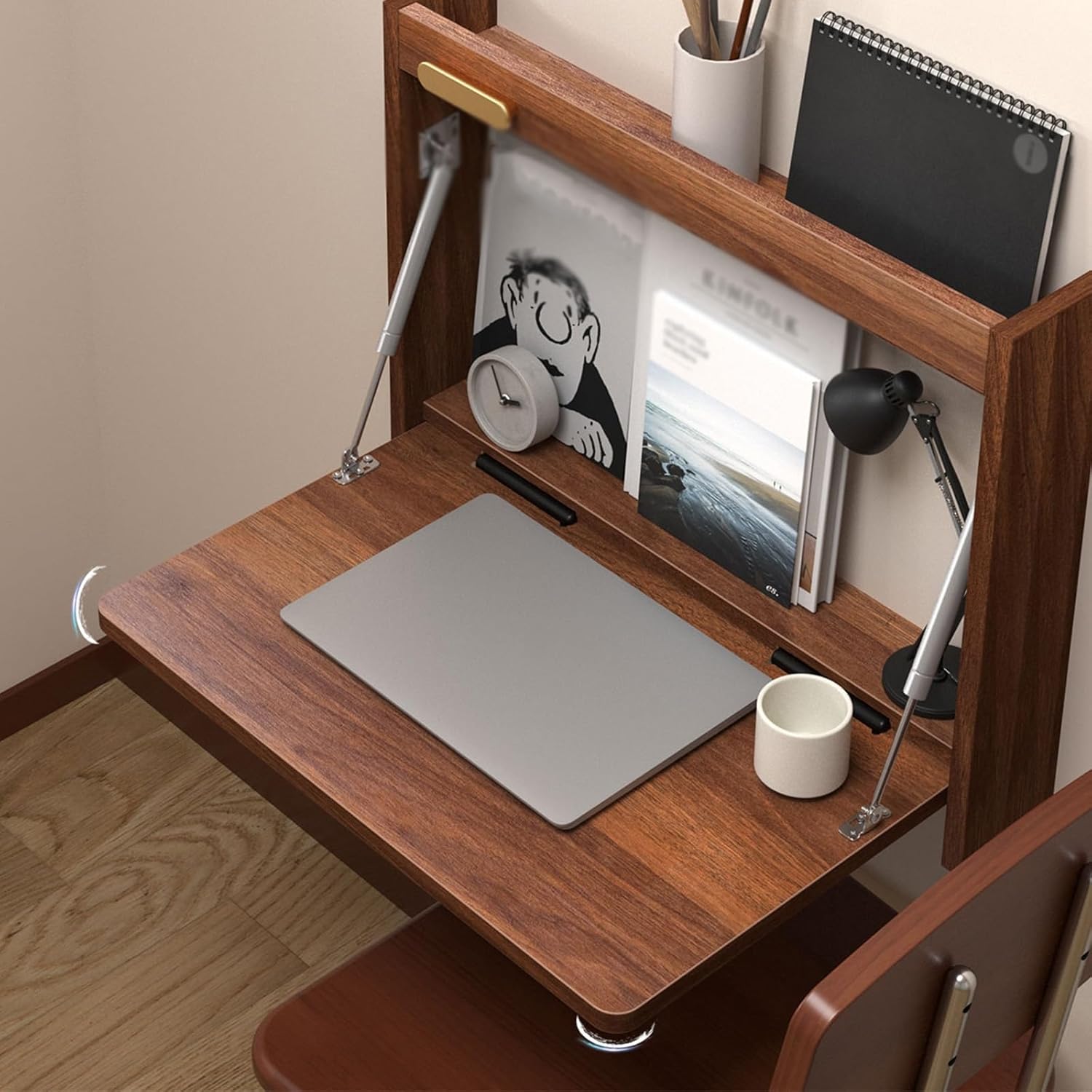 Folding Wall Desk, Wood Wall Mounted Desk, Fold Down Wall Mount Laptop Desk, Corner Floating Desk for Small Spaces(D,56cm/22in)