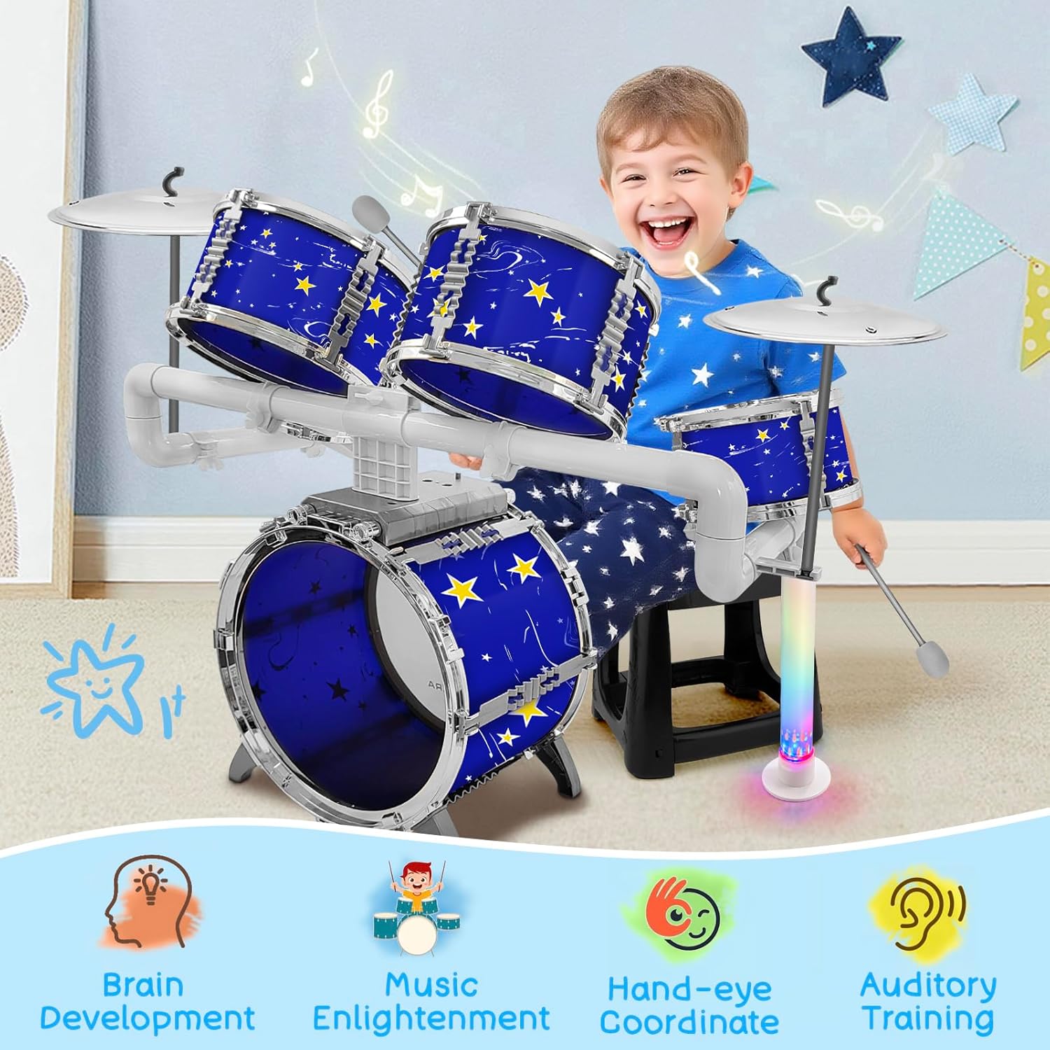Upgraded Kids Drum Set Jazz Drums Kit with 5 Drums - Toddler Music Toys Learning Instruments Xmas Birthday Gifts for Toddlers 3 4 5 6 7 Boys Girls, Blue