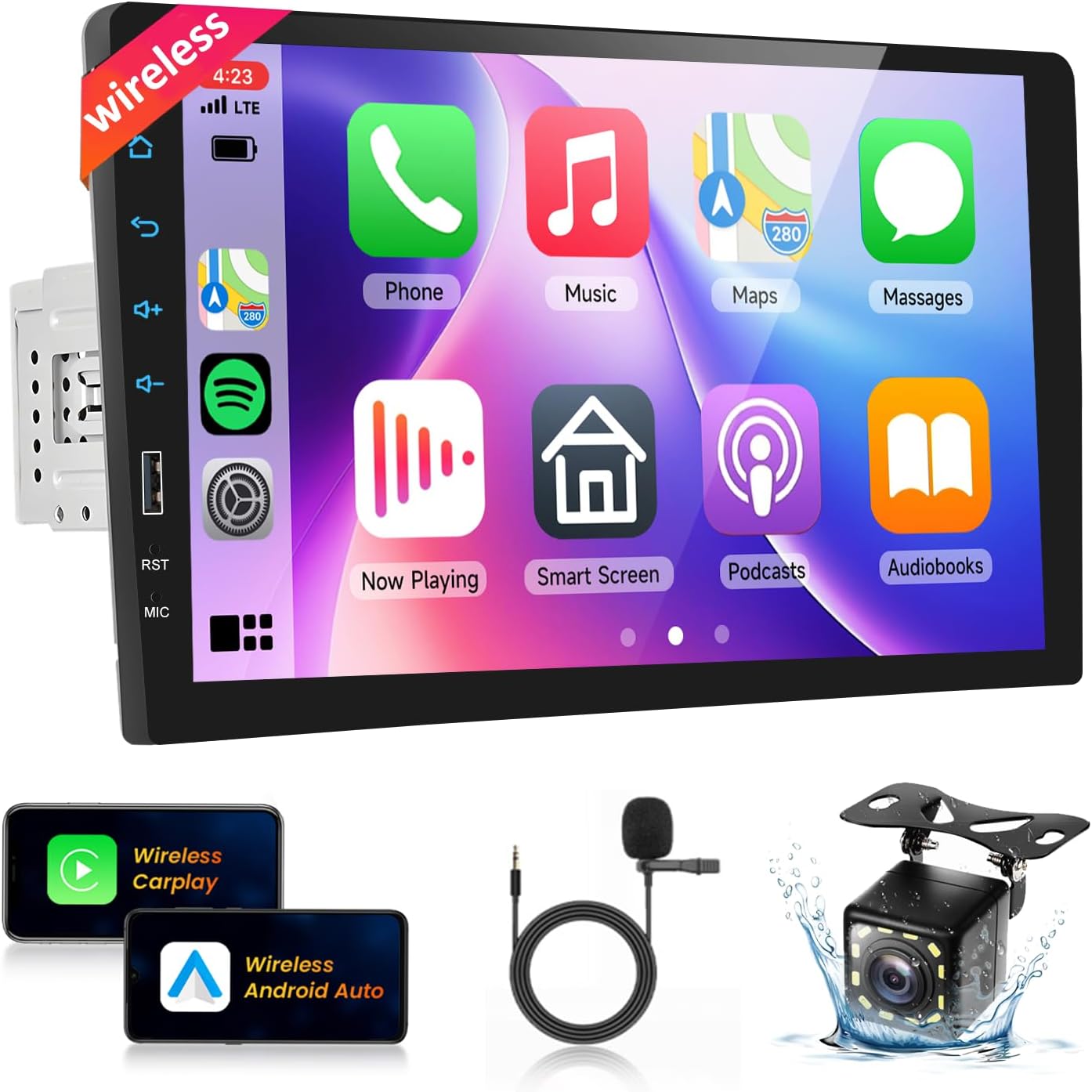 Wireless Carplay Single Din Car Stereo with Wireless Android Auto Airplay Mirror Link,Podofo 9inch 1080P HD Touch Screen Bluetooth Radio Audio Receivers with FM Radio SWC EQ DVR 12LED Backup Camera