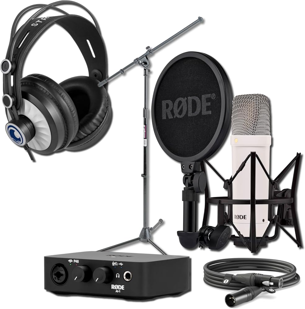 Rode NT1 Signature Series Condenser Microphone (White) with AI-1 USB Audio Interface, On-Stage MS7701B Boom Microphone Stand and Cans50 Studio Headphones