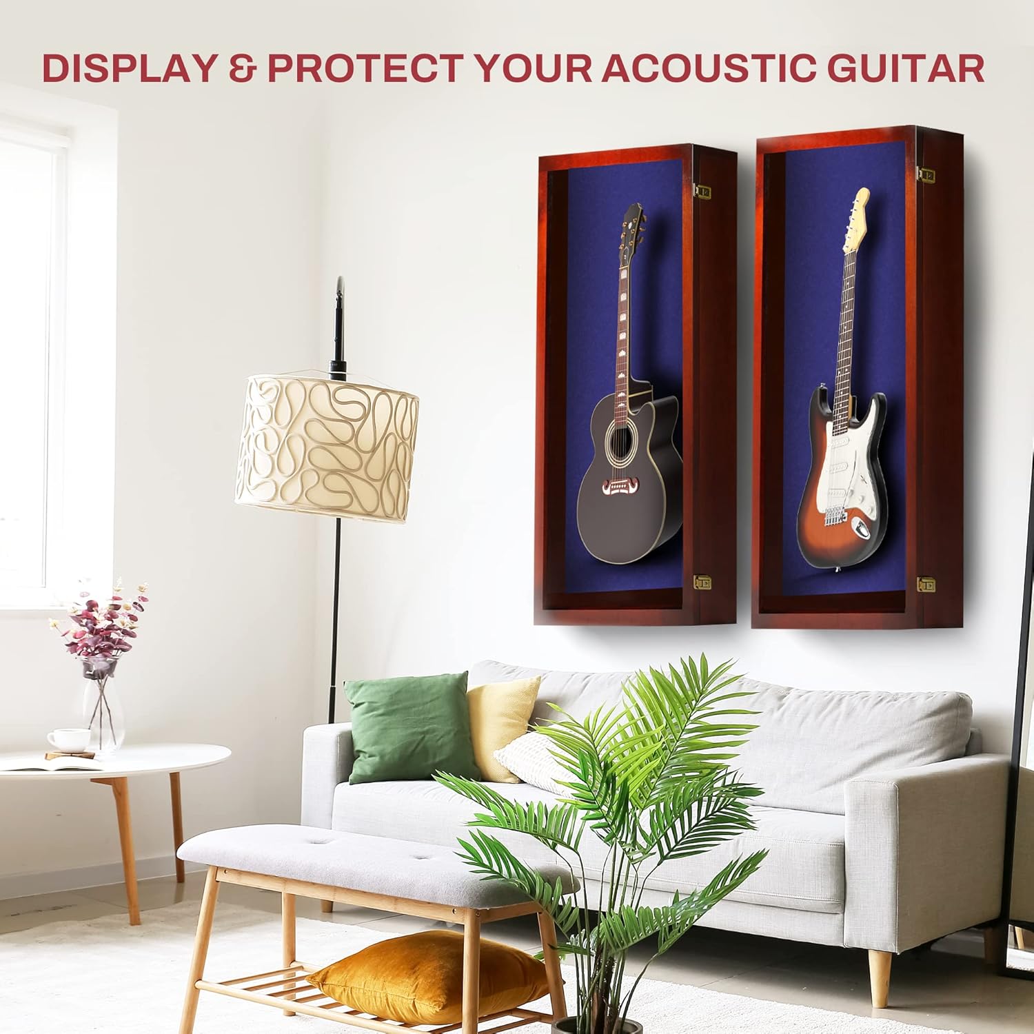 PENNZONI Extra Large Acoustic Guitar Display Case - Wall Mount Display Case for Acoustic/Electric Guitars - Ultra Clear Acoustic Guitar Solid Wood Frame Display Case | Cherry, Blue Felt