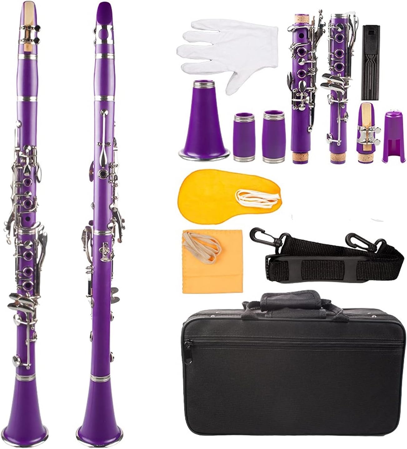 Standard Clarinet Purple Abs Clarinet Bb Cupronickel Nickel Plated 17 Keys with Cleaning Cloth Gloves Woodwind Instrument Beginner Clarinet
