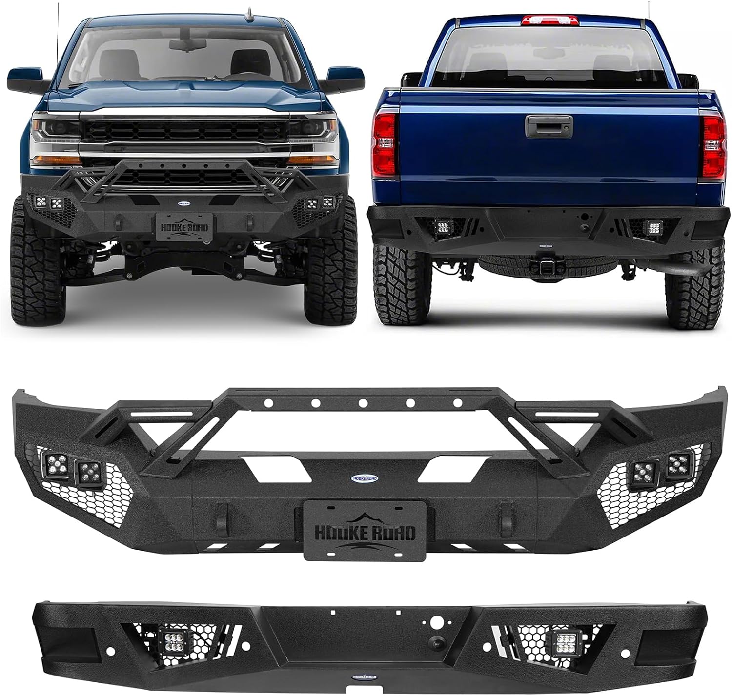 Hooke Road Silverado 1500 Front and Rear Bumper Set for 2016 2017 2018 Chevy Chevrolet Silverado 1500 Pickup, Offroad Full Width Steel Bumpers with Winch Plate, LED Lights, Bull Bar