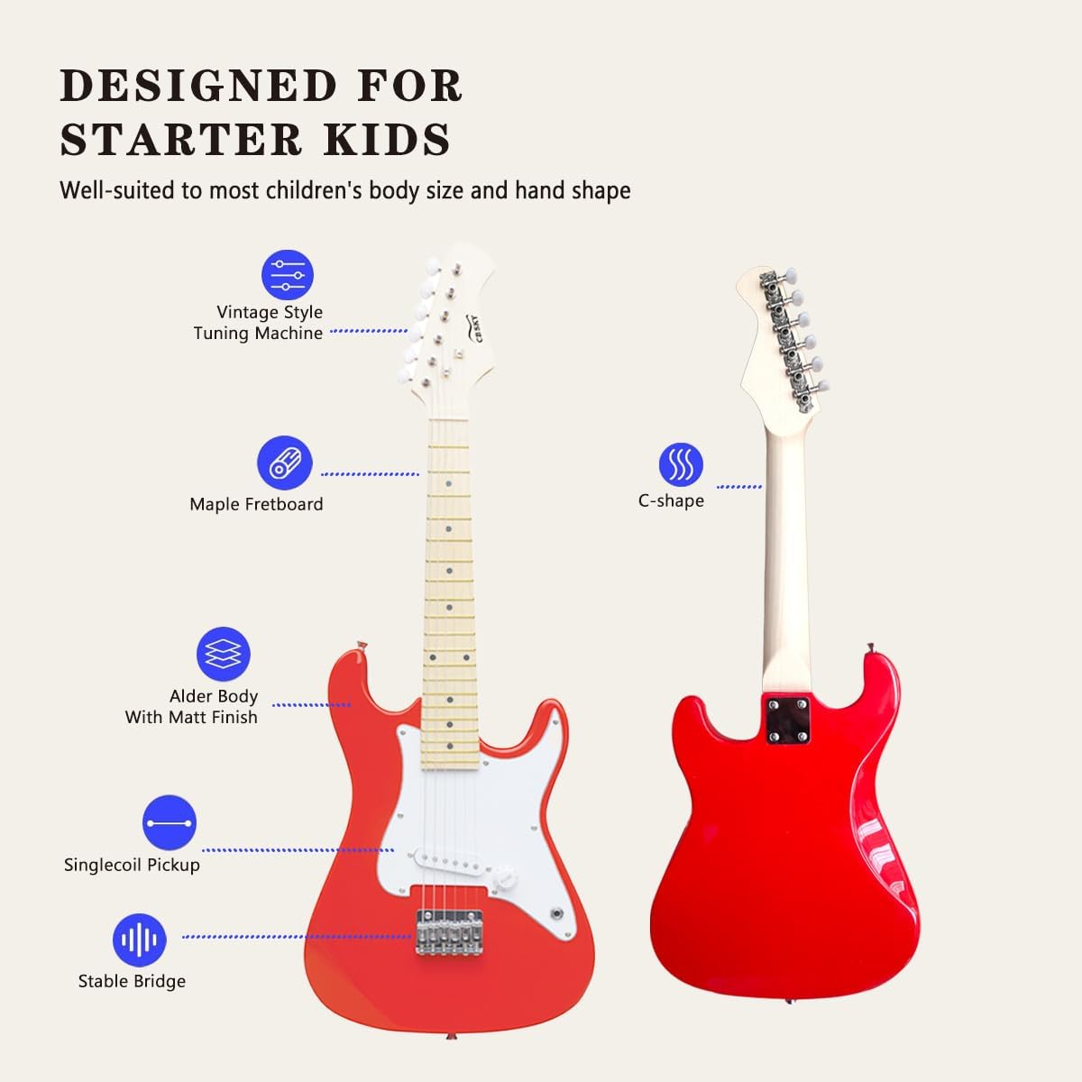 30 Inch Kids Electric Guitar Beginner Kit, Junior Size Mini Electric Guitar for Children with Amplifier (battery/adaptor not included) and Guitar bag, Unisex Red