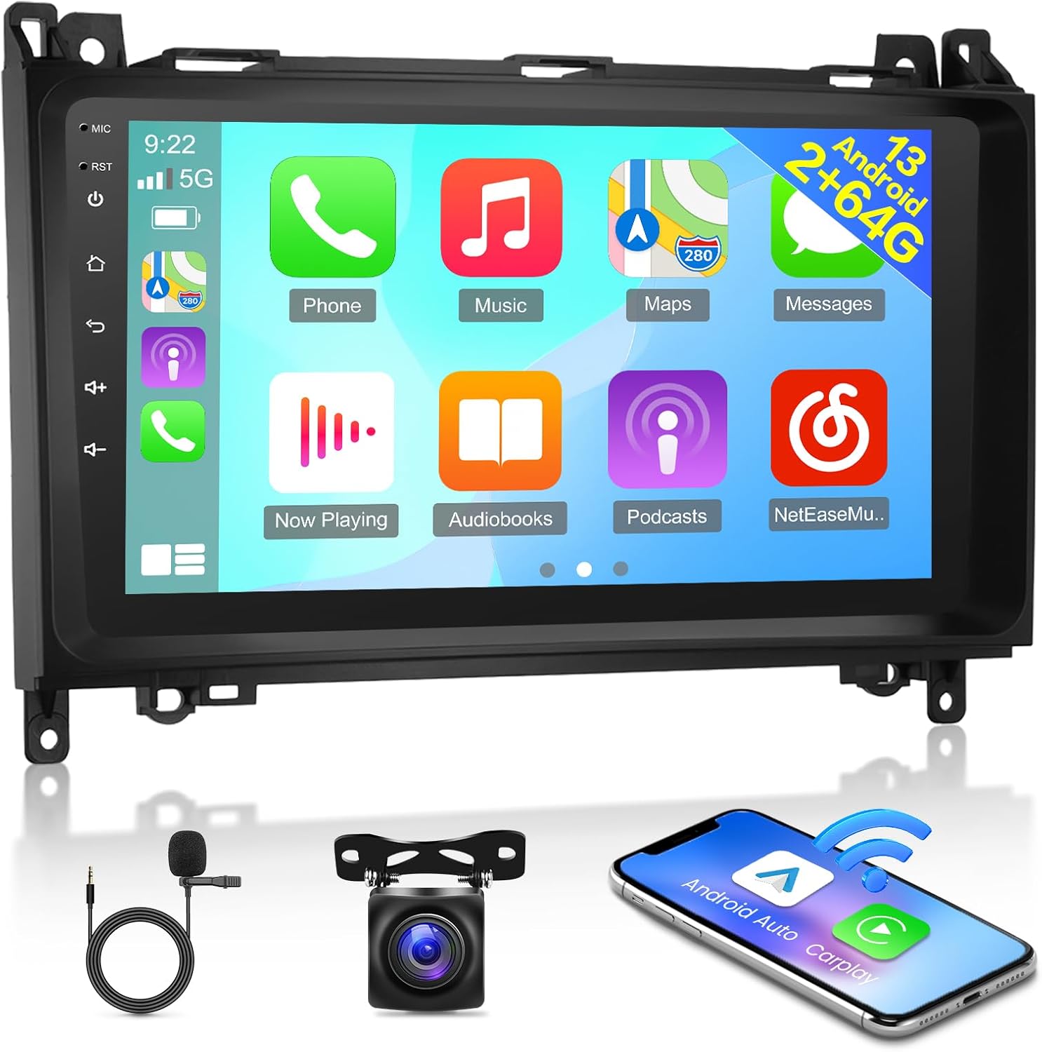 [2G+64G] Car Radio for Mercedes Benz Sprinter W906 W169 W245 W639 Vito Viano, Android 13 Touch Screen Car Play Stereo, Carplay/Android Auto/EQ Audio/SWC/Bluetooth