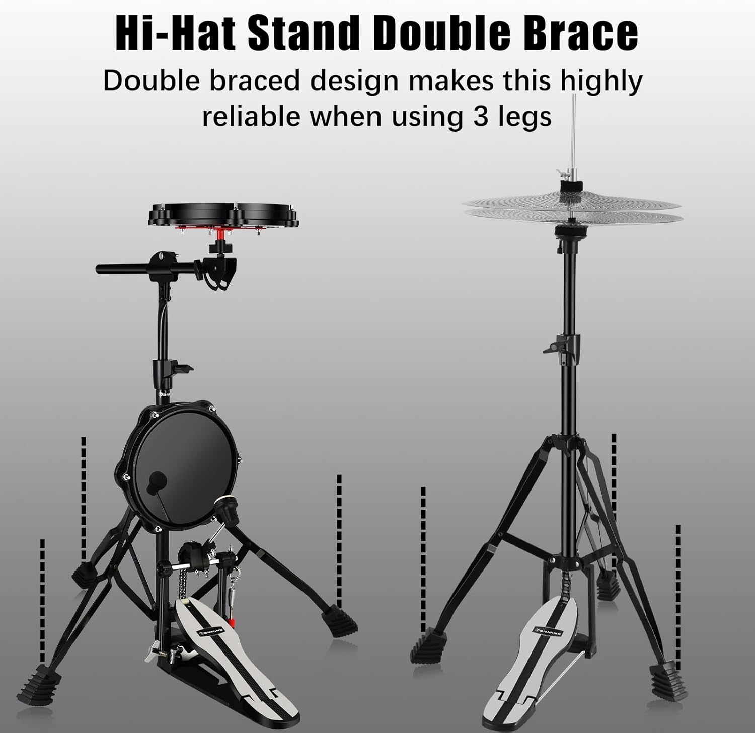 RANMING Practice Drum Pad Stand Kit Silent Drum Pad Set Drum Set Practice Kit with 1 Bass Drum Pedal,Hi-Hat Pedal,2 Drum stand,14 Inch Silent Cymbal,Dumb Drums for Beginners Adults (Black)
