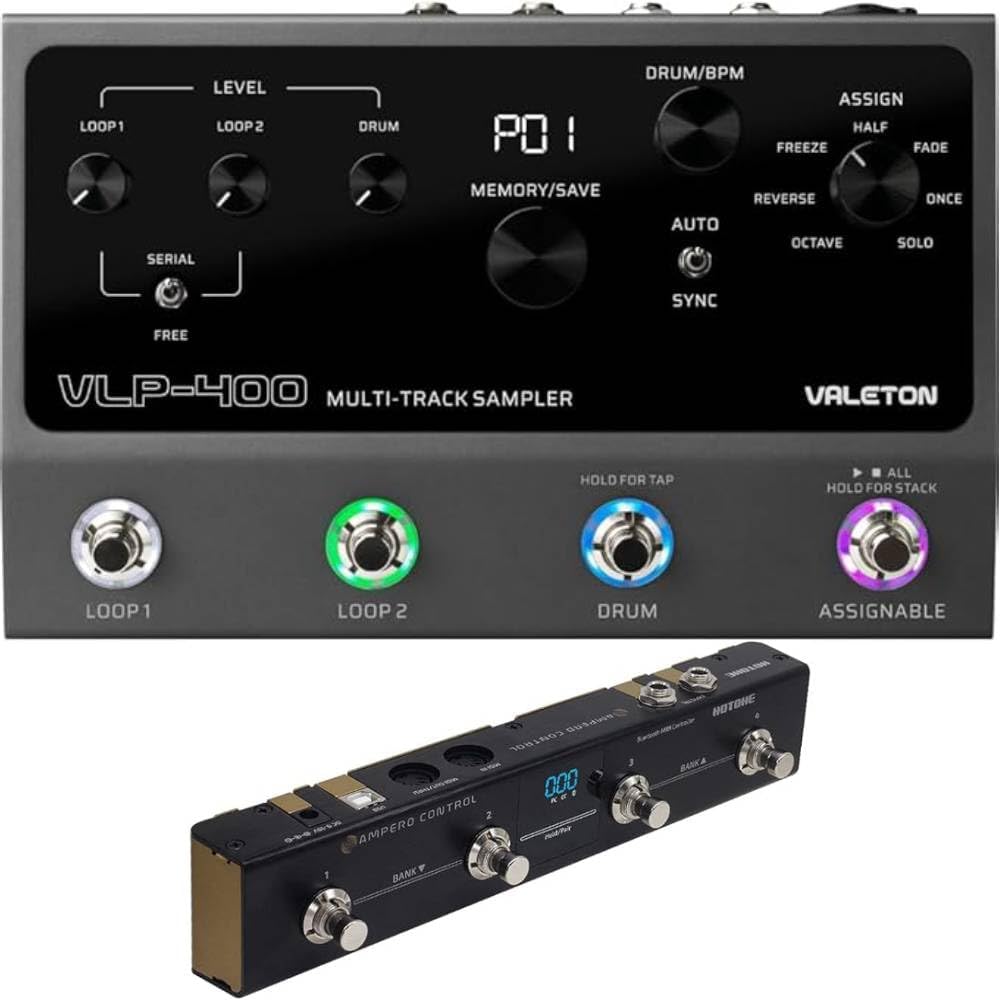 Valeton VLP-400 Multi-Track Sampler with 4 Footswitches - Two Full-Featured Loopers, Drum Machine and HOTONE MIDI Foot Controller Pedal Bluetooth Ampero Control 4 Button bundle