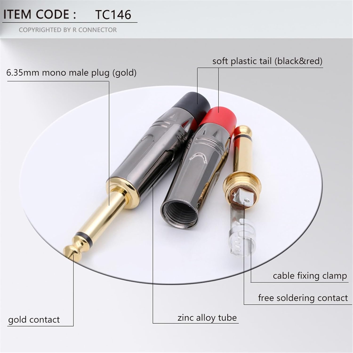 10PCS Mono Jack 6.35MM Connector Brass 2 Pole 6.3MM 1/4 Inch Plug Audio Microphone Cable Connector (Color : Black)