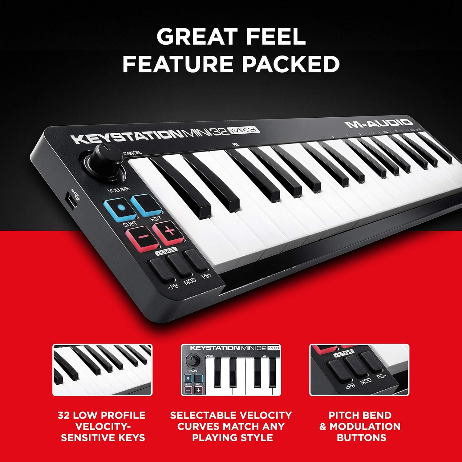 M-Audio Keystation Mini 32 MK3 USB MIDI Keyboard Controller Bundle with 32 Velocity Sensitive Mini Keys, Samson MD5 Desktop Microphone Stand, and MPC Beats Software