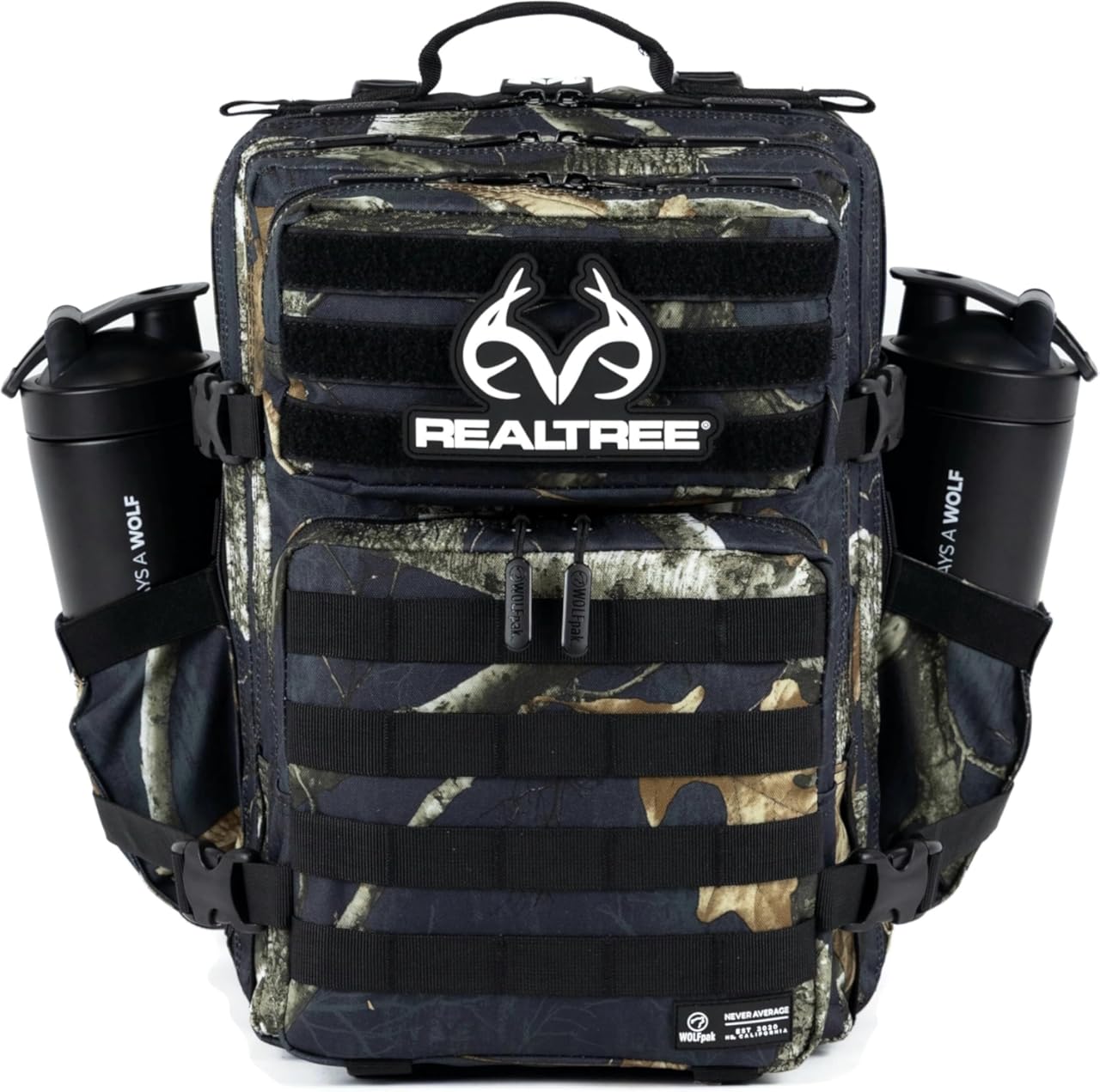 WOLFpak 25L Athletic Gym Backpack - Durable 1000D Waterproof Oxford Material with MOLLE Webbing, Laptop Pocket & Dual Cup Holders, Durable Fitness/Travel/Military Daypack (Realtree Edge Black)
