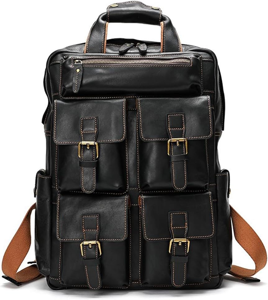 Leather Backpack for Men Vintage Laptop Bag Work Bag Camping Weekend Daypack Outdoor Sports Rucksack Multi Pockets (Black)