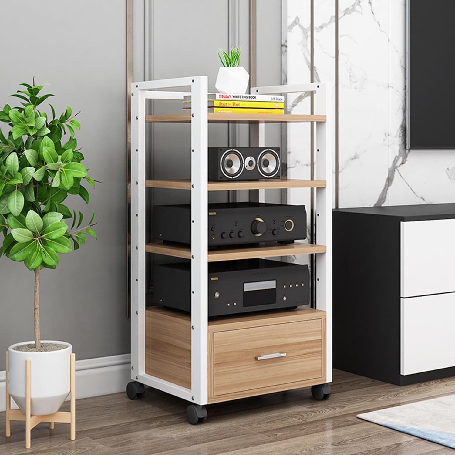Movable Media Stand 4-Tier Movable Audio Tower AV Media Stand CD Player Stand Stereo Component Storage Cabinet and Open Media Center and Drawer (Color : A, Si