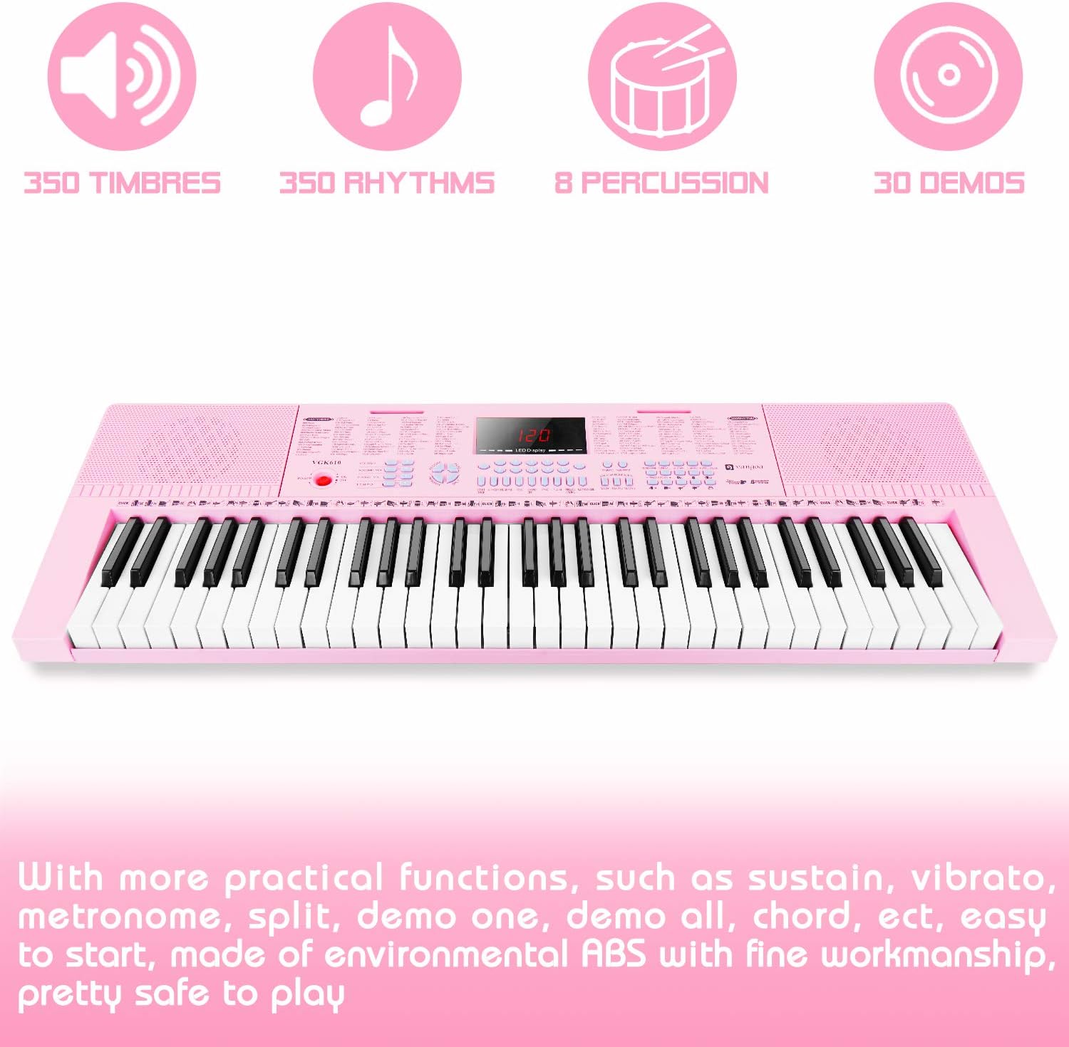 Vangoa VGK610 Piano Keyboard, 61 Mini Keys Portable Music Keyboard for Beginners Pink and Kids Piano Keyboard, 37 Keys Digital Piano for Kids