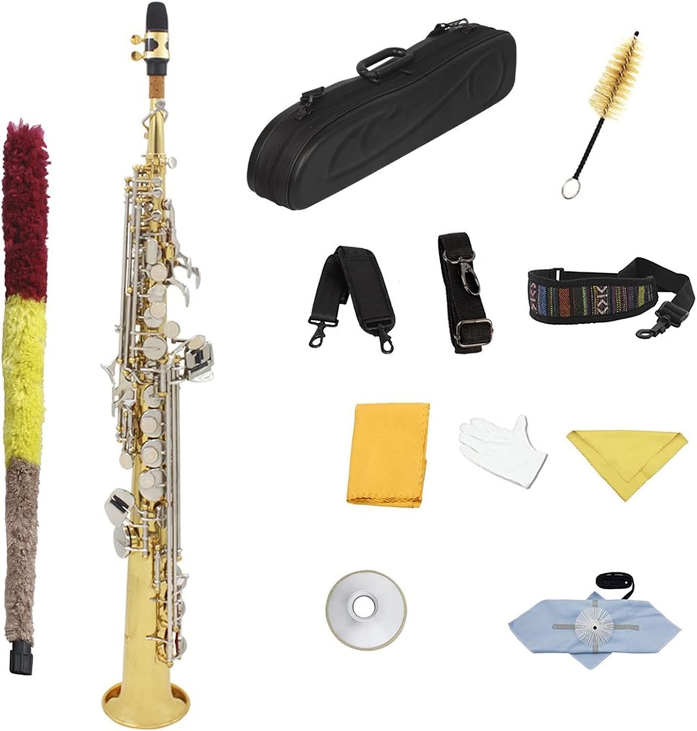 KESHUO Bb Saxophone Brass Gold Lacquer Straight Saxophone Sax Saxofon Woodwind Musical Instrument with Case Accessories Brass Sax Beginners Kit (Color : Golden Silver Key)