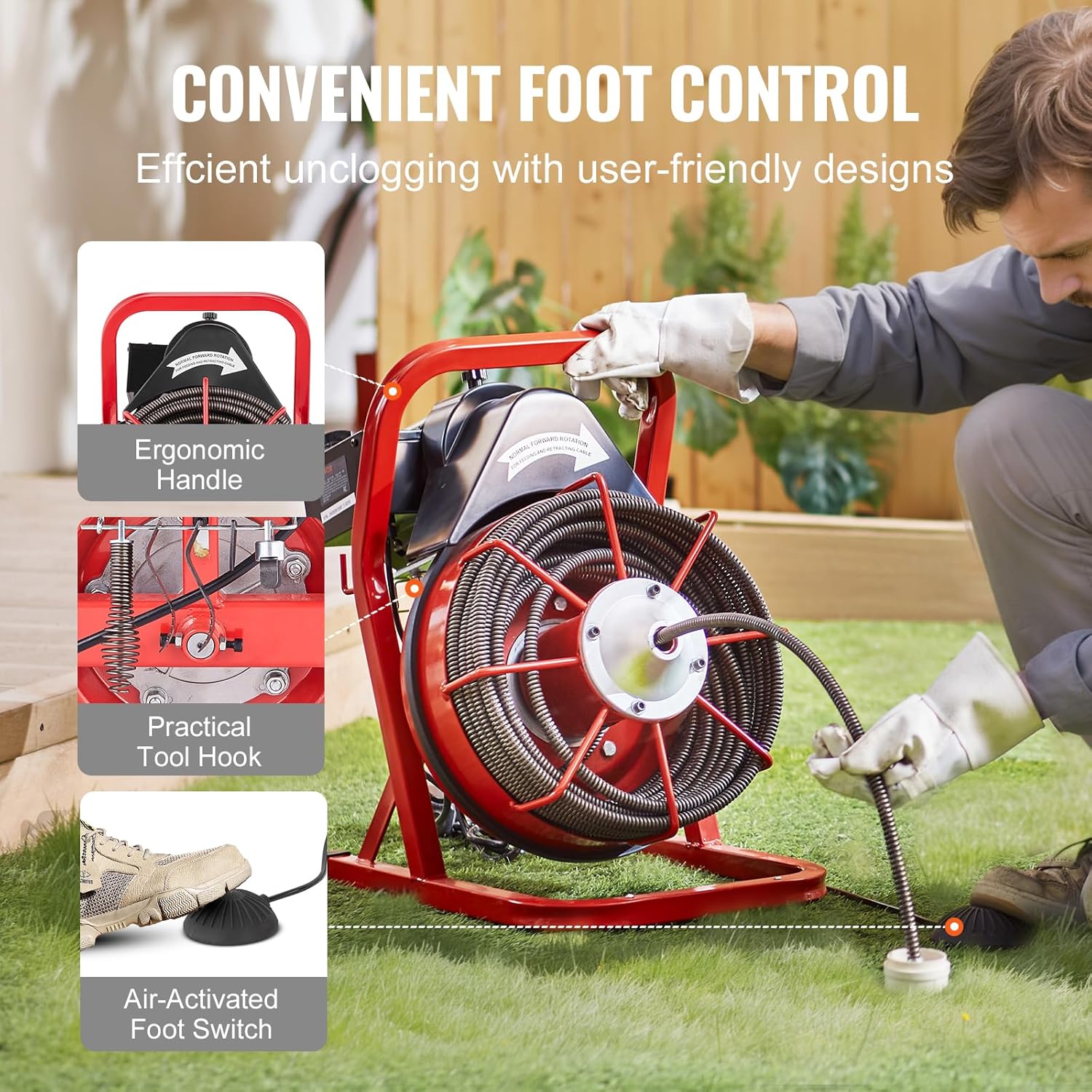 VEVOR Drain Cleaner Machine 75FT x 1/2 Inch, Sewer Snake Auger Manual Feed, 370W Electric Drain Cleaning Machine with 4 Cutters & Air-activated Foot Switch for 2