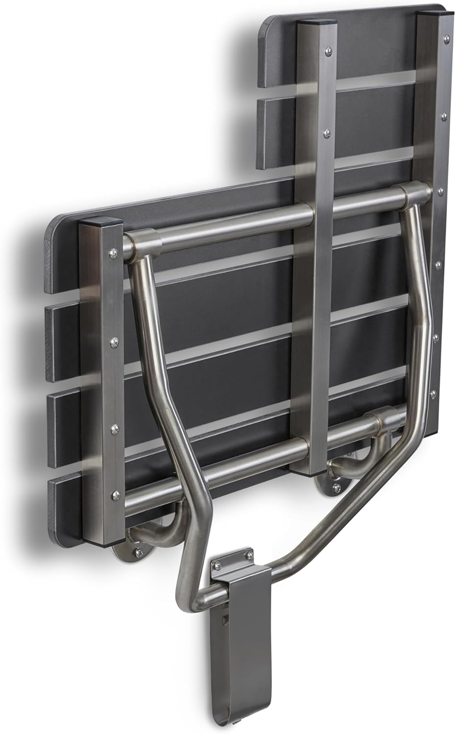 Seachrome 28-inch x 22.5-inch ADA Wall Mount Folding Transfer Bench Shower Seat, Left-Handed, Black Slatted Phenolic Seat