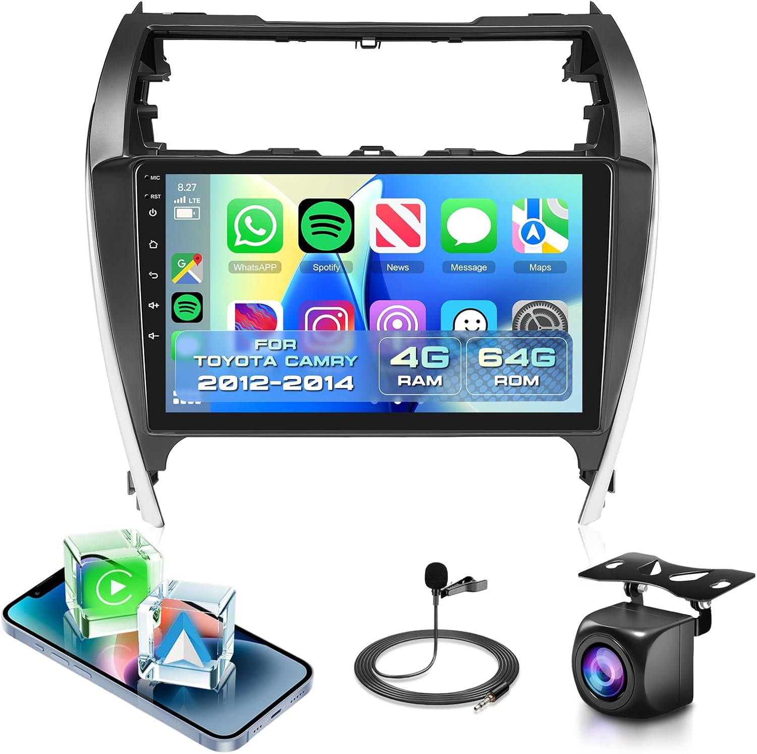 4G+64G Car Radio for Toyota Camry 2012-2014 with Wireless CarPlay/Android Auto, Podofo 10.1 Inch 1280 * 720P IPS Touch Screen Stereo Android 13 GPS WiFi Bluetooth DSP SWC + HD Backup Camera