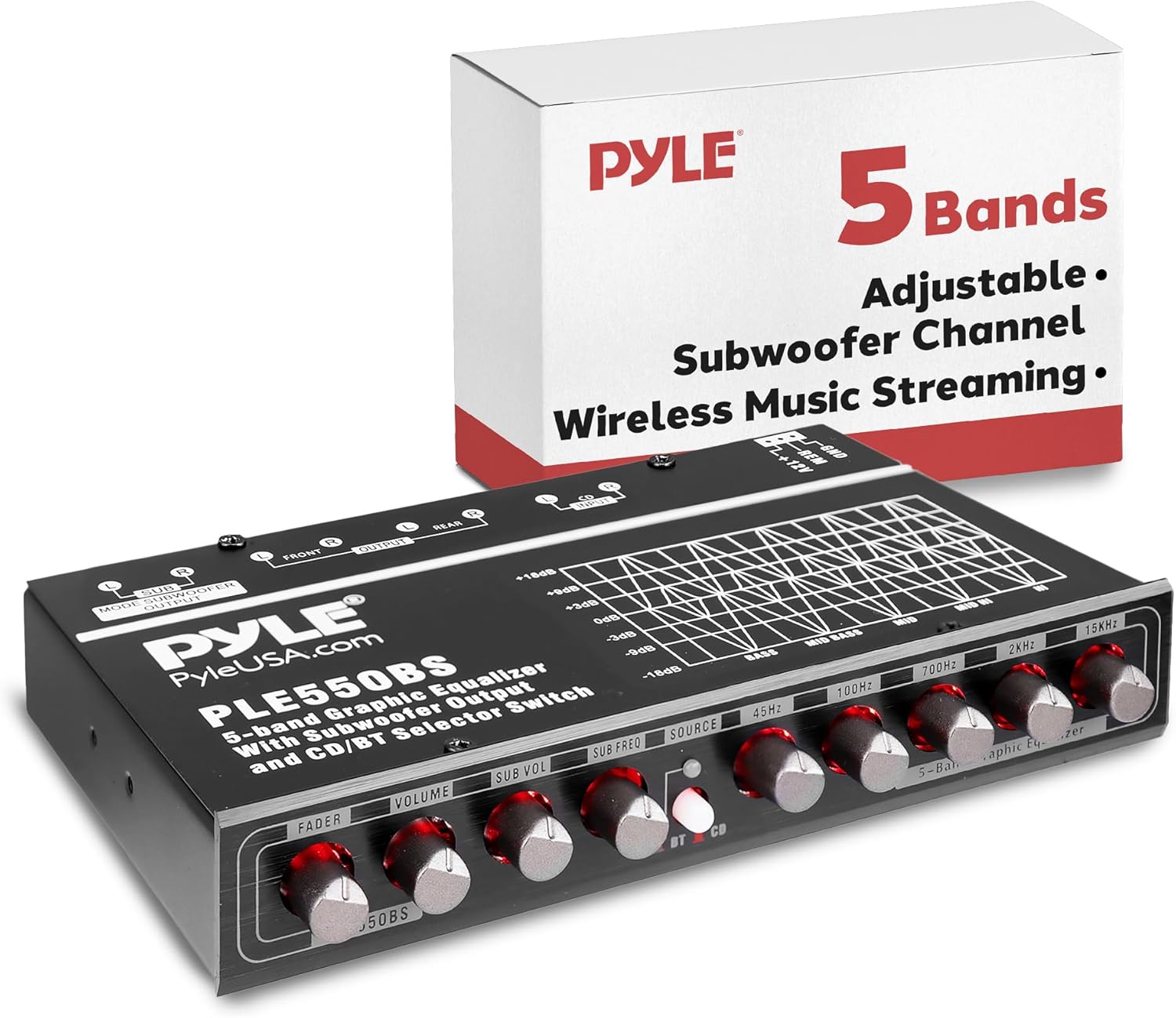 Pyle 5-Band Car Audio Equalizer – Graphic EQ with Bluetooth Wireless Streaming, Subwoofer Volume Control, Low Pass Filter, RCA Inputs/Outputs, Fader Function & AUX Input
