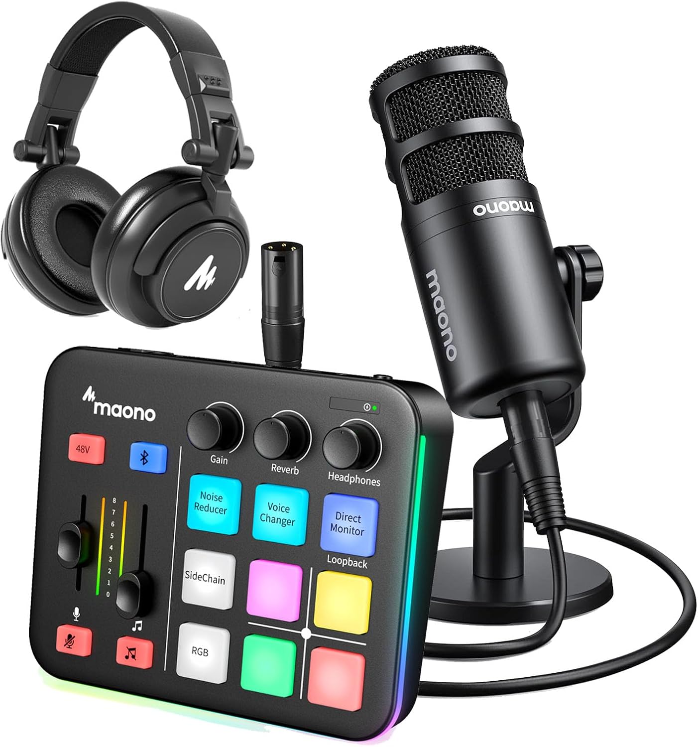 MAONO Gaming Audio Mixer & XLR Dynamic Microphone& Hadphone, Audio Interface with Pro-preamp, RGB, Bluetooth, 48V Phantom Power for Live Streaming, Podcasting, Content Create, Gaming