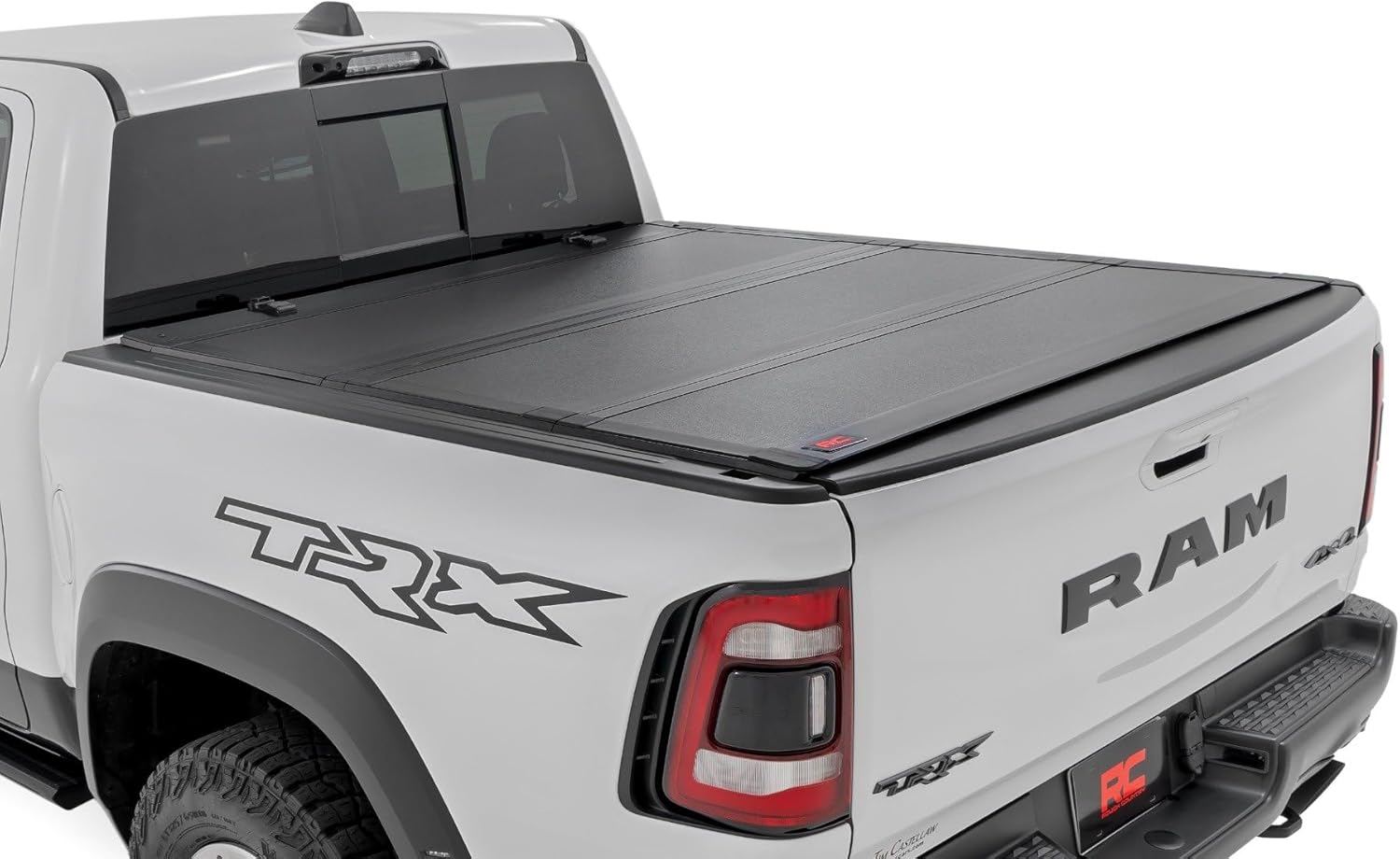Rough Country Hard Tri-Fold Flip Up Truck Bed Tonneau Cover for Dodge Ram 1500 (2019-2025) TRX (2021-2025) - Flush Aluminum Bed Cover, Fits 5'7