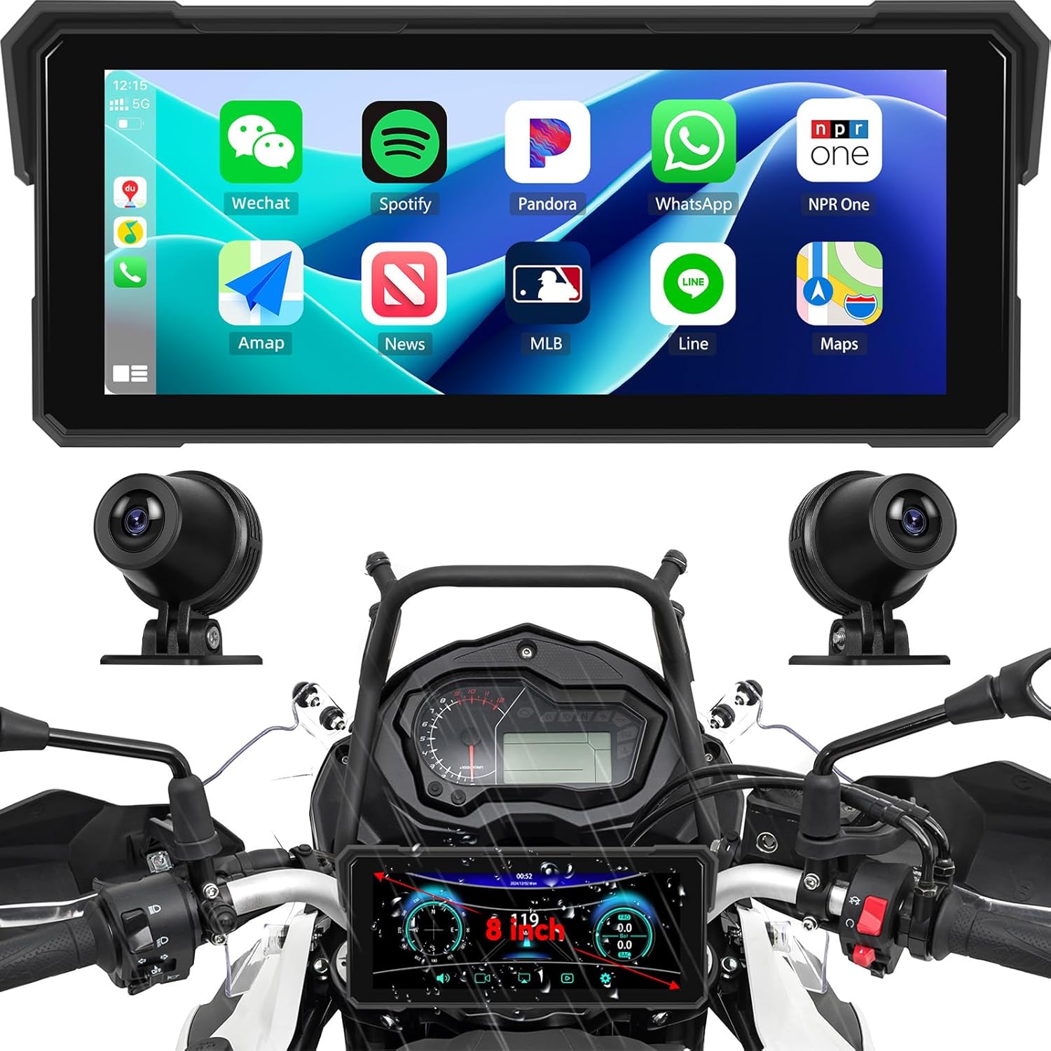 Carplay Screen for Motorcycle,Wireless CarPlay&Android Auto,8.1’’ IPS Waterproof Portable Radio with WiFi Video,BT,EQ,FM,DVR,SWC,Dual Front and Rear Cameras