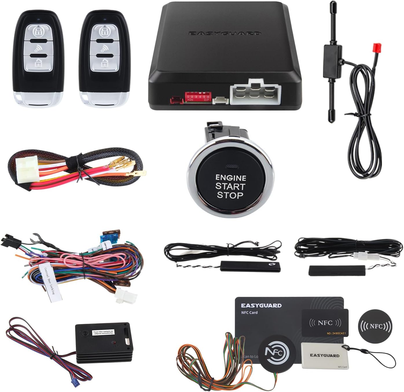 EASYGUARD EC002-LB-NS Rolling Code car Alarm System with Passive keyless Entry Push Start Stop Button Touch Password Entry Vibration Alarm auto Start Starter DC12V