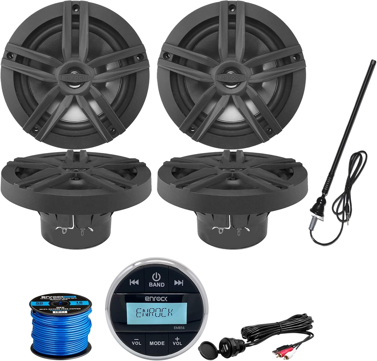 Enrock Multimedia Gauge Style Marine Grade Bluetooth Receiver, 4 x Enrock 2-Way High-Performance 6.5