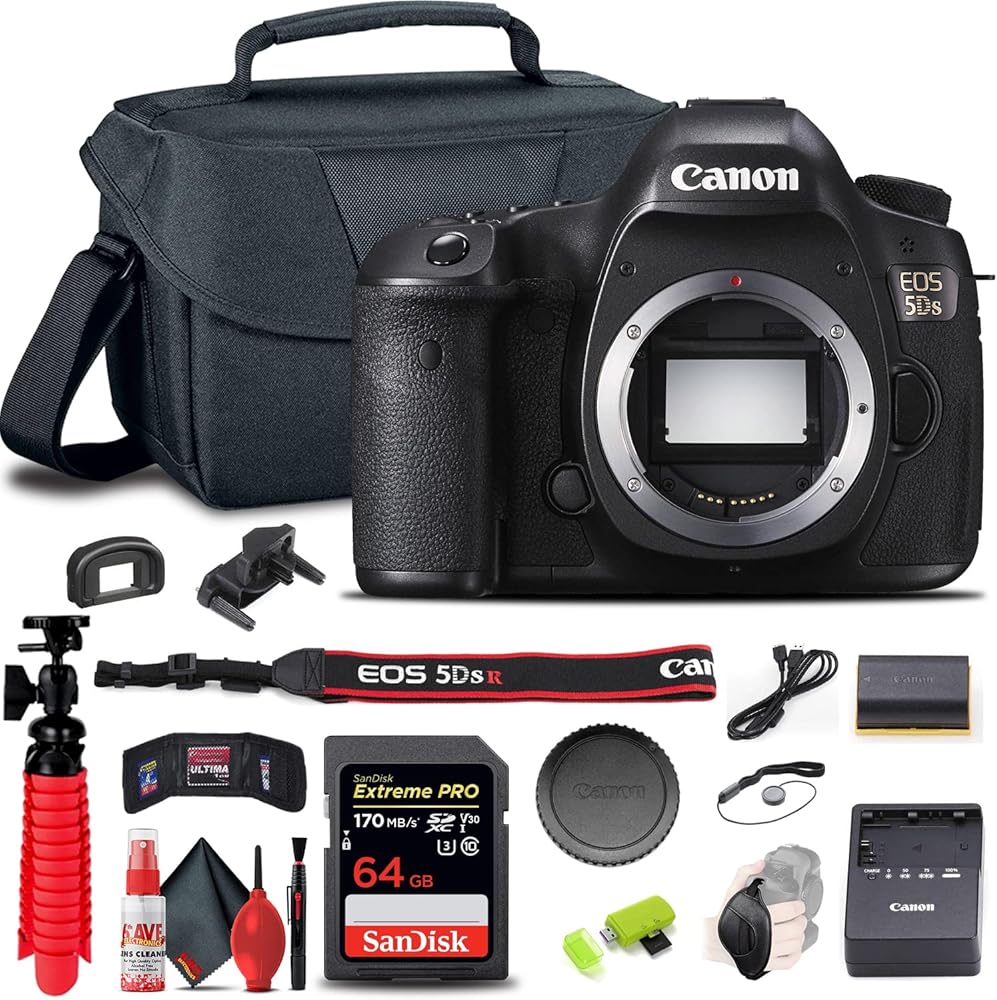Canon EOS 5DS DSLR Camera (Body Only) (0581C002) + 64GB Memory Card + Case + Card Reader + Flex Tripod + Hand Strap + Cap Keeper + Memory Wallet + Cleaning Kit (Renewed)