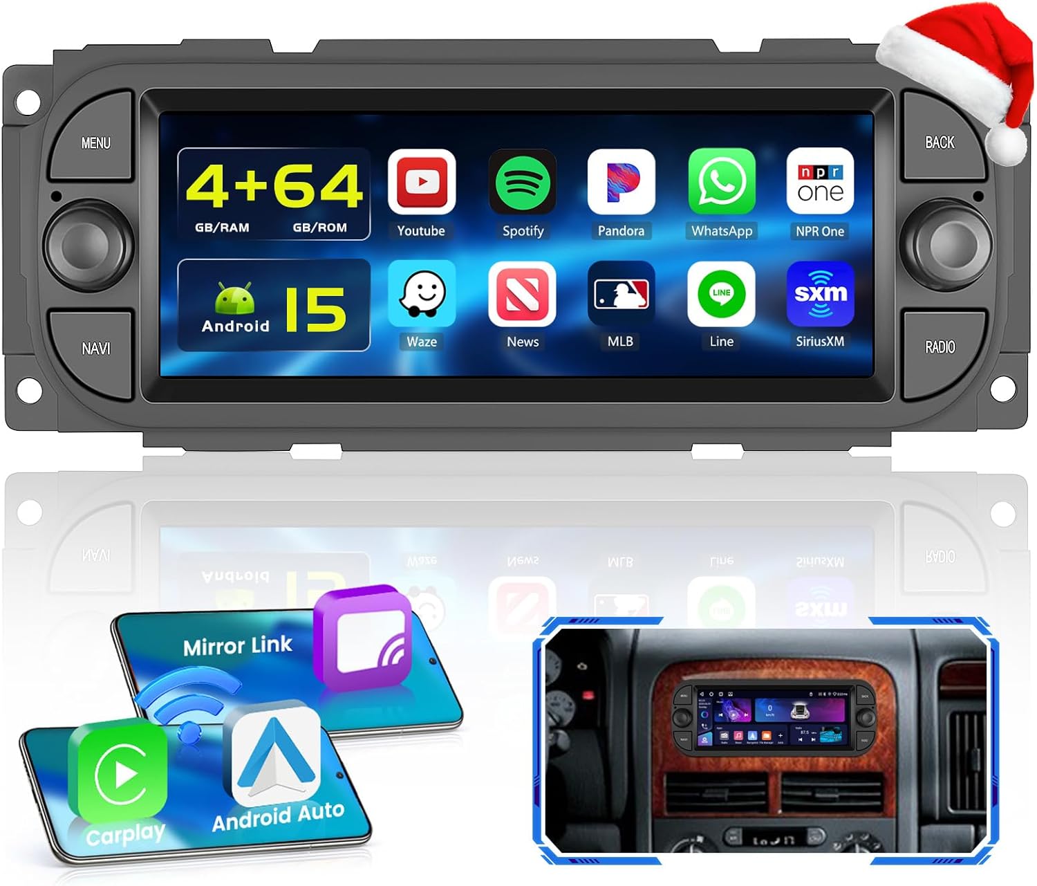 4+64GB Android 15 Radio for Dodge RAM 2002 2003 2004 2005 2006 Jeep Wrangler 2003 2004 2005 2006 Jeep Grand Cherokee 1999-2004 Wireless Carplay Android Auto, 6.86 inch IPS Screen Bluetooth WiFi GPS