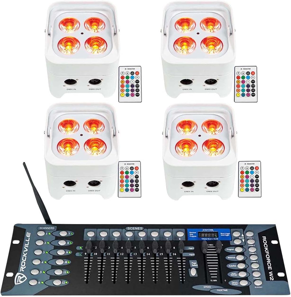 4 Rockville Best PAR 50 White Battery Wash Lights Wireless DMX+Control+RGBWA+UV