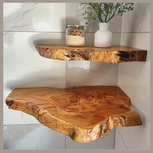 Finished Live Edge Wood Corner Shelf Wall Mount, Set of 2 Solid Acacia Wood, Corner Shelves with Brackets, Smooth- Durable - Attractive Shelves for Bedroom Living Room Bathroom Kitchen