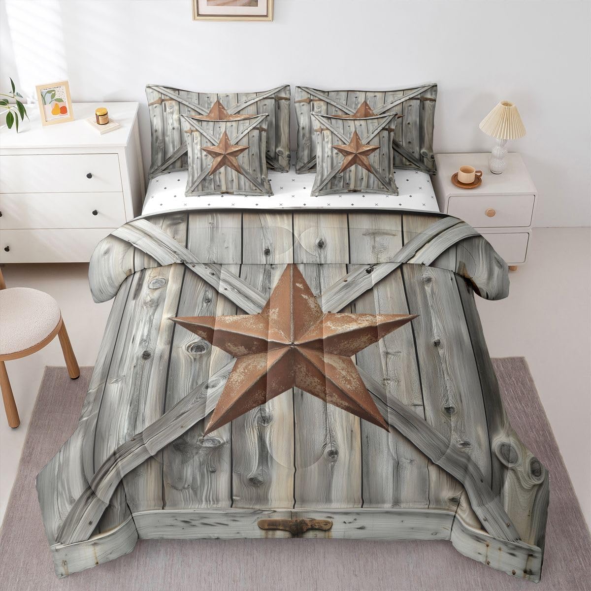 Feelyou Texas Star Comforter Set 7 Pieces Queen Size Wood Barn Door Bedding Set for Kids Teens Adults Vintage Farmhouse Bed in a Bag 7Pcs,Comforter + Sheets + Pillowcases + Cushion Covers