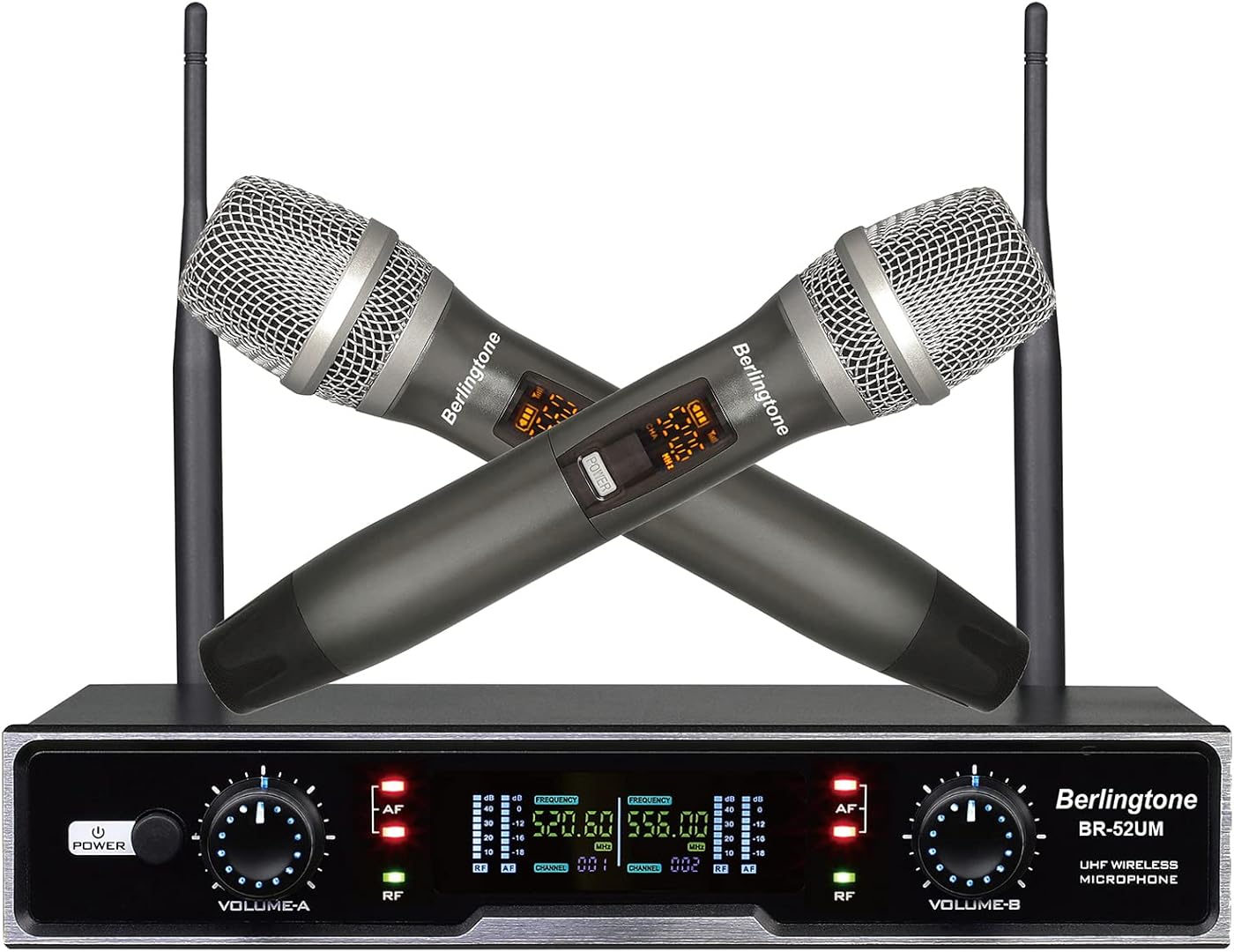 Professional Dual Dynamic Handheld UHF Wireless Microphone System, Metal Microphone and Base, for Singing, Karaoke, Church, Wedding, Meeting, up to 260ft Range (BR-52UM)