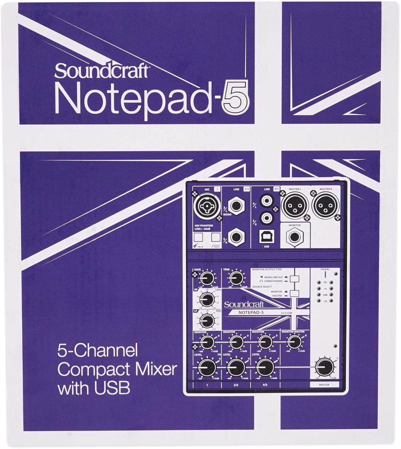 Soundcraft Notepad-5 Channel Podcast Mixer Podcasting Interface w/USB For Mac/PC Bundle with Rockville RCM03 Pro Recording Condenser Mic, PRO-M50 Studio Headphones and DMS40 40