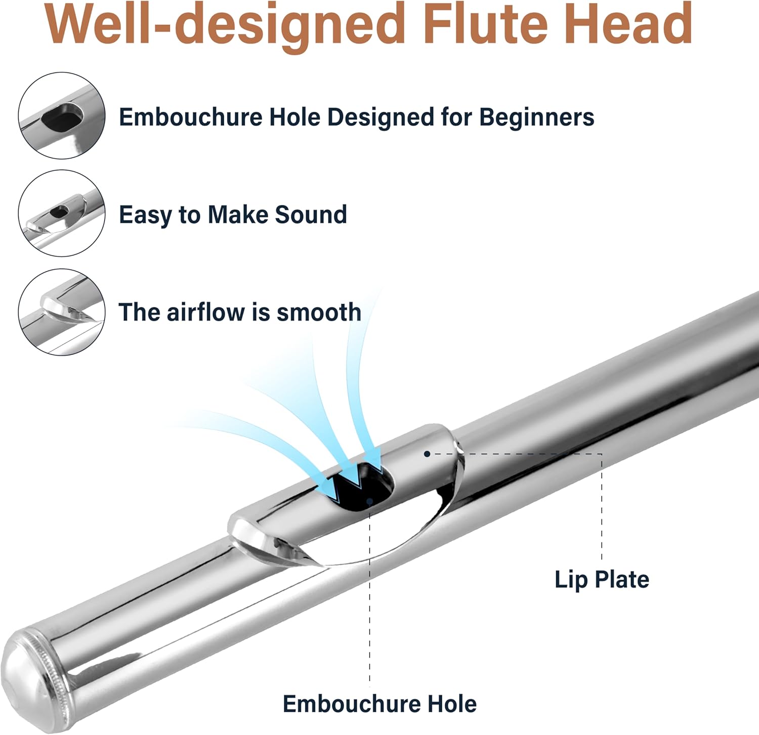 Mendini By Cecilio Flute, 16 Keys C Flute Instrument Closed Hole For Beginners with Carrying Case, Cork Grease, Stand, Lesson Book, Cleaning Kit, Gloves (Nickel)