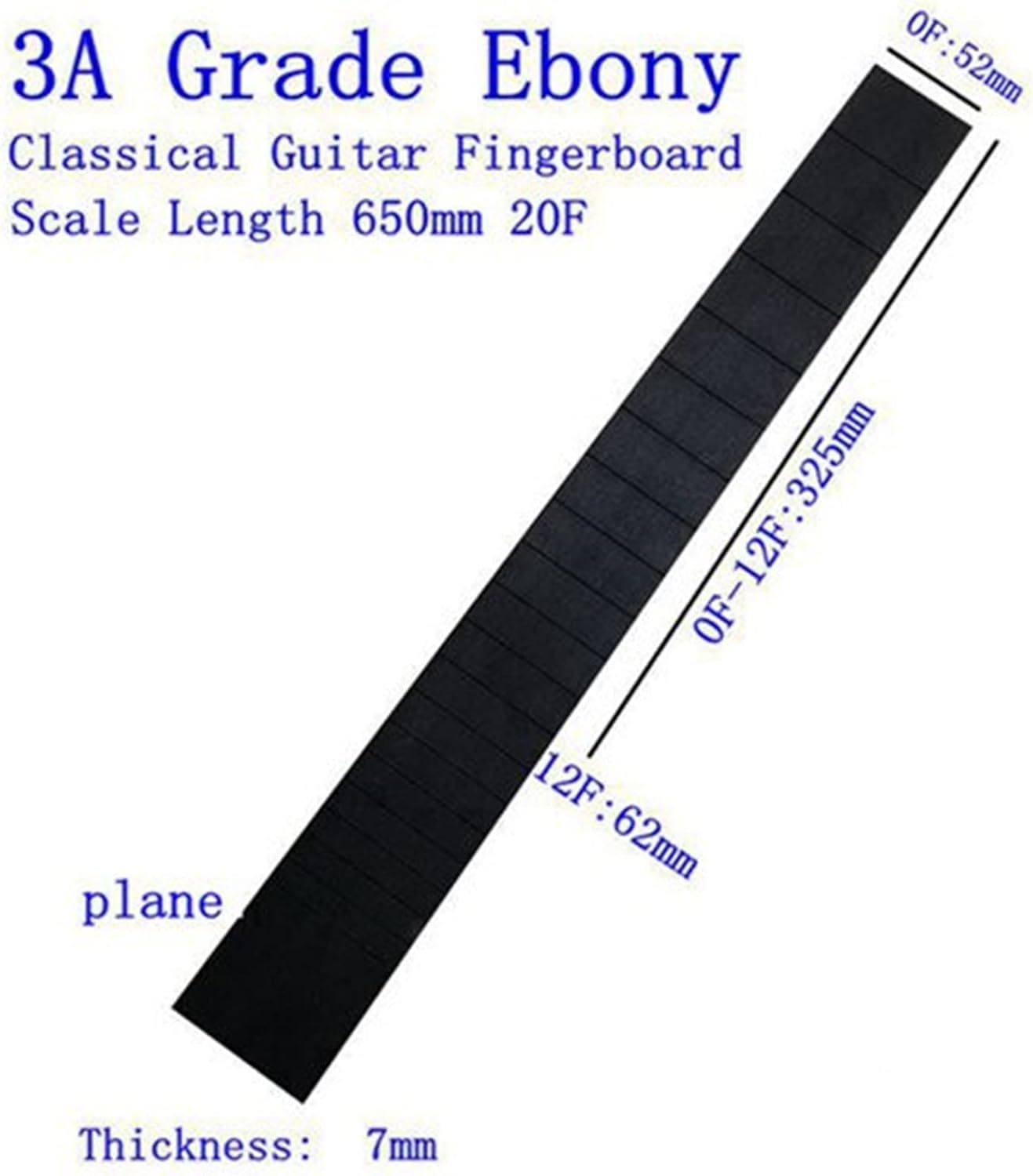3A All Black Ebony Wood Fretboard for Classical Guitar 20 Frets Standard Semi- Finished Fingerboard Material Guitar ​Neck Replacement