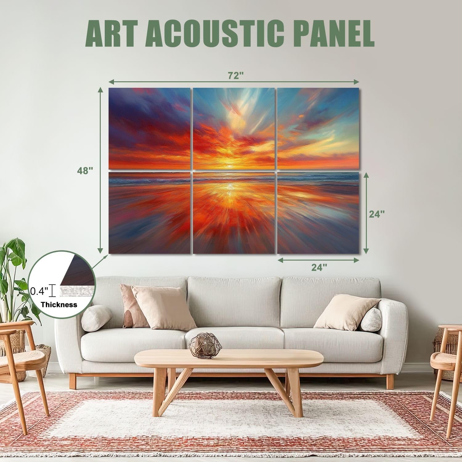 6 Pack Art Acoustic Panels Sound Absorbing Colorful Ocean Sunset Abstract Beach Orange Red Warm Sunrise Sky Decorative Soundproof Wall Panels Self Adhesive for Recording Studios Office 72