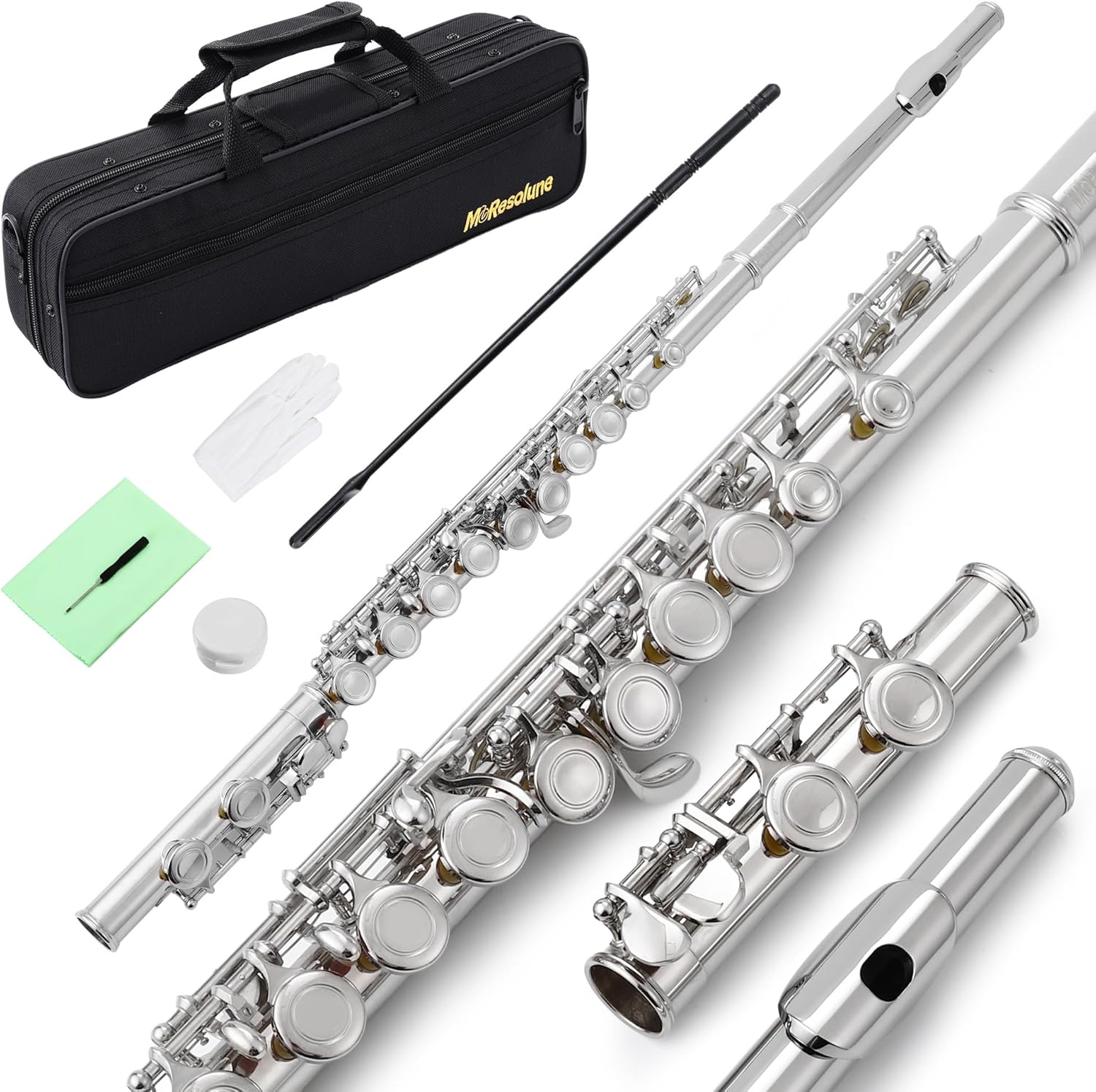 Closed Hole C Flute 16 Key for Beginner Student Nickel Flute with Carrying Case Stand Gloves Cleaning Cloth for School Band Instruments