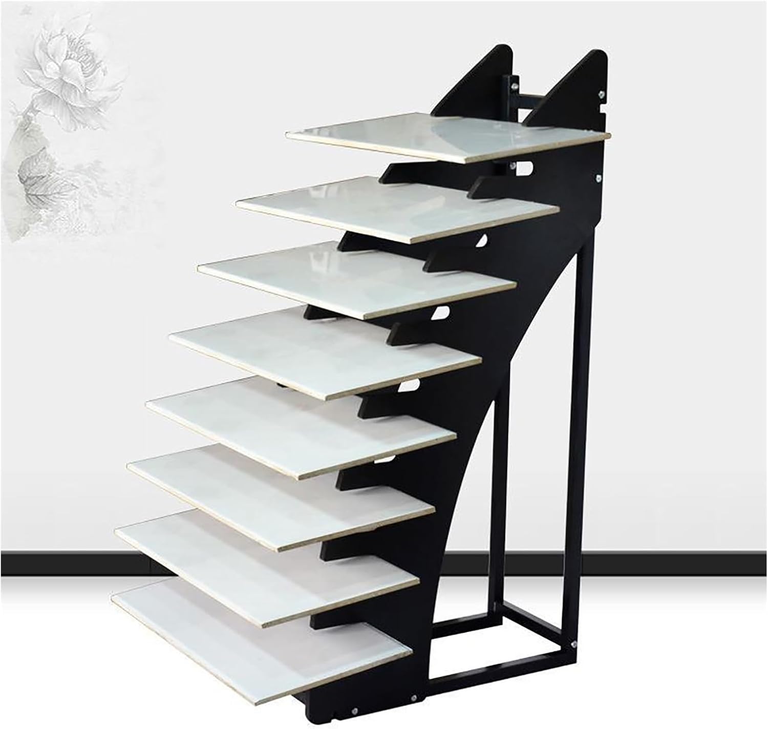 Ceramic Tiles Floor Porcelain Display Shelf,Floor Tile Display Stand with 17 Card Slots,Floor Porcelain Display Stand Rack,Ceramic Sample Holder for Retail Stores (Color : Black, Size : 53x60x116cm