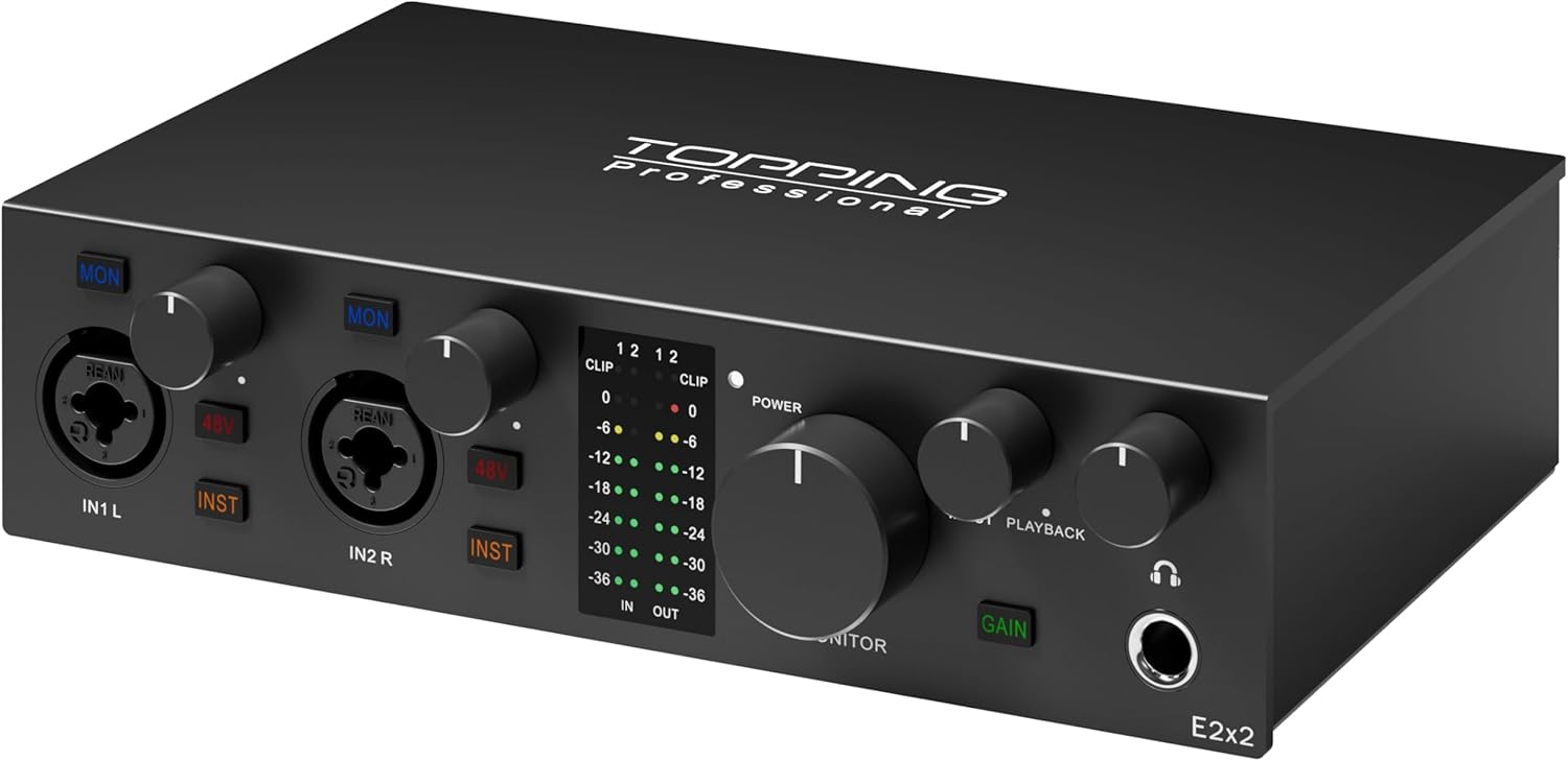 TOPPING E2X2 USB Audio Interface - High-Performance Mixer & Recording Interface for PC, Mac, iPhone & Android - Ultra-Linear Preamp, 48V Phantom Power, Low Noise, Real-Time Monitoring (Black)