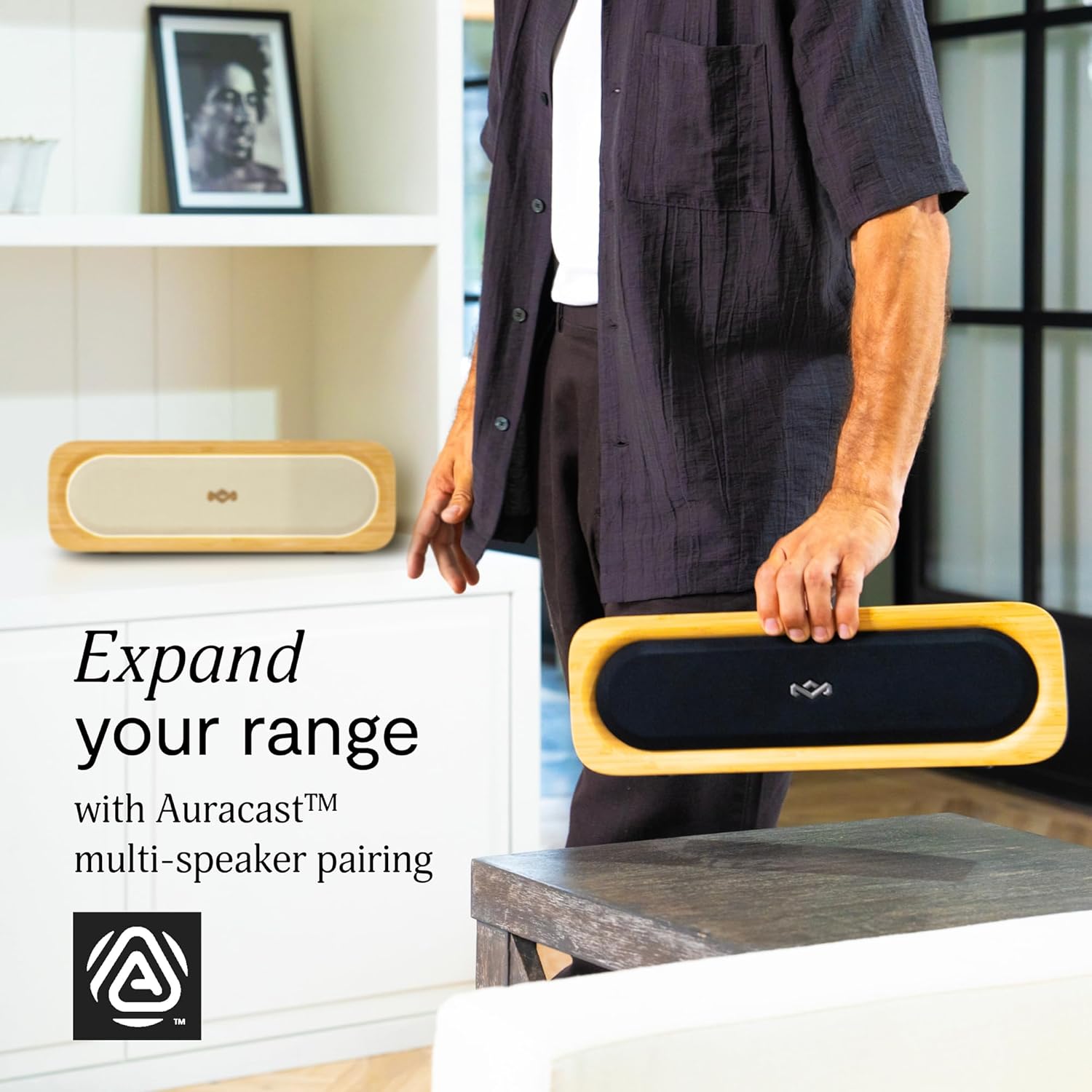 House of Marley Get Together 3 Bluetooth Speaker, 10Hr Playtime, USB-C Fast Charging, EQ Sound Modes, Ambient LED Light, 30m Wireless Range, Bamboo & Rewind Fabric Design (Cream)