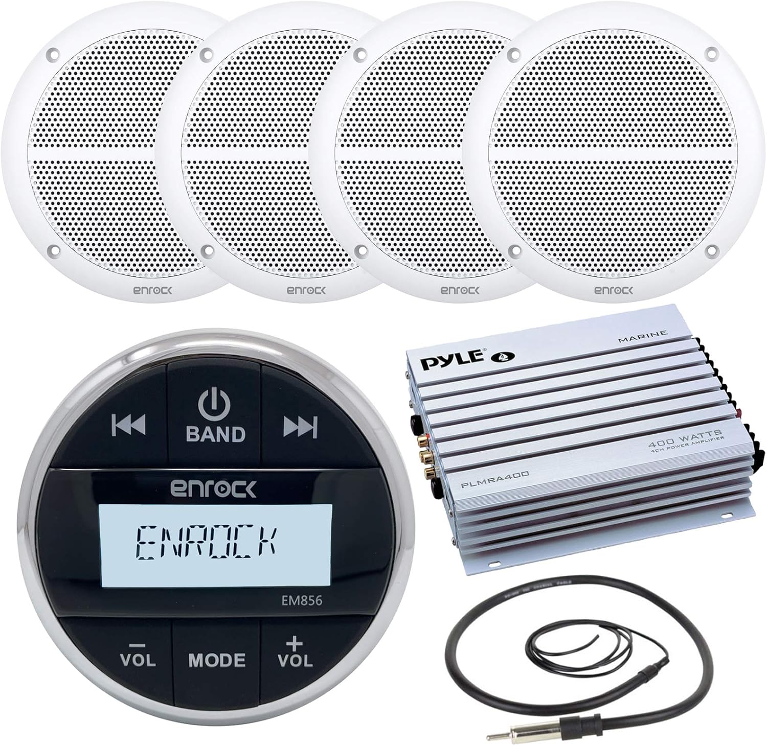 Enrock Bluetooth AUX AM FM Round Radio Bundle Combo with 400W Boat Amplifier, 4x 6.5